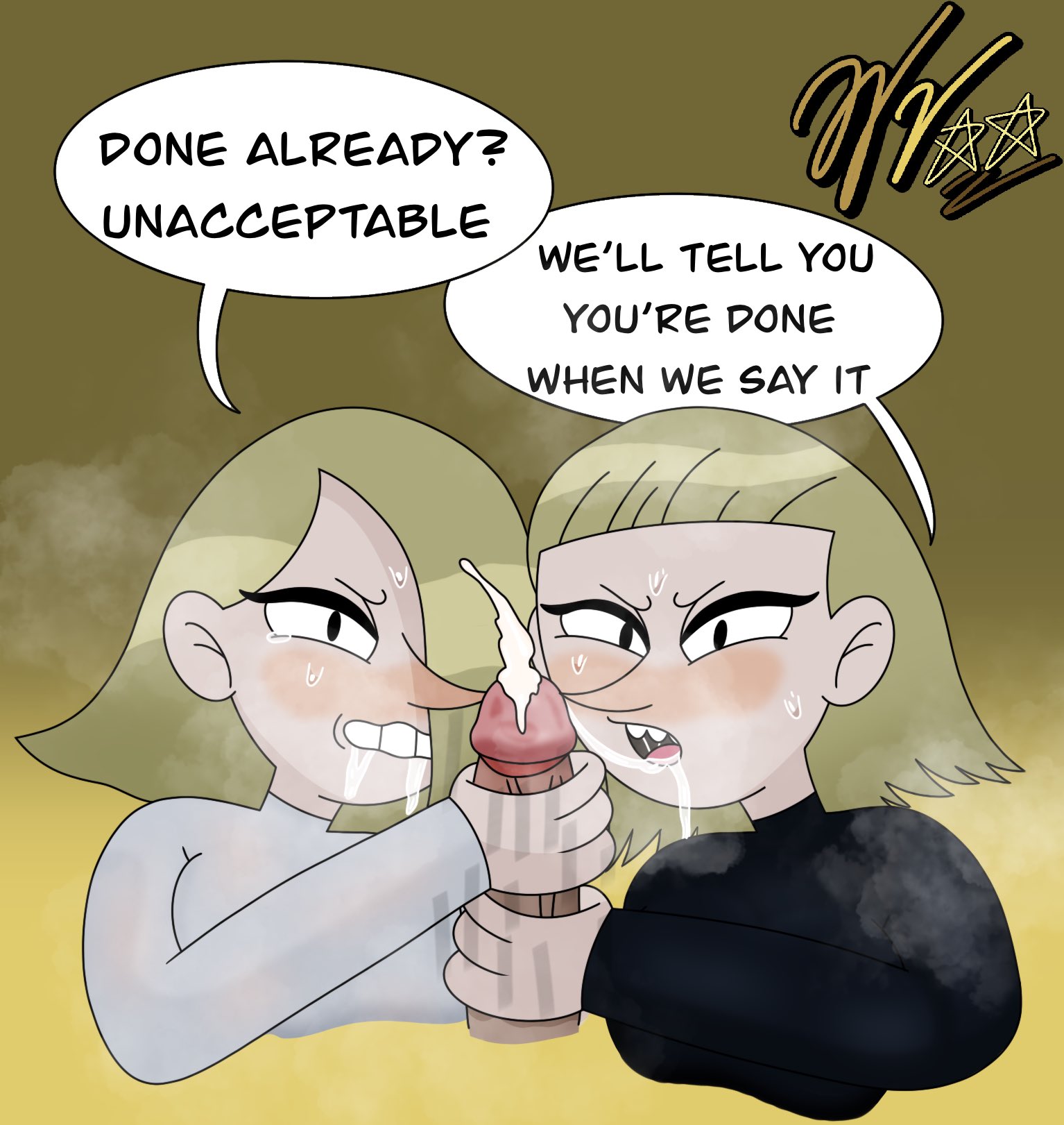 1boy, 2girls, adventure time, adventure time: fionna & cake, angry, angry face, big breasts, big penis, blonde hair, blush, breasts, cartoon network, collaborative fellatio, cum, duo, erection, female, femdom, ffm threesome, fionna and cake, front view, hair over one eye, hair slicked back, hbo max, lemoncarbs, long nose, looking at viewer, male, medium hair, penis, pointy nose, pov, pov eye contact, pov male, pubic hair, saliva, saliva drip, secretly loves it, sisters, steam, straight, sweatdrop, sweating, text, text bubble, topwear, twins, uncensored, veiny penis, wifeyvoo