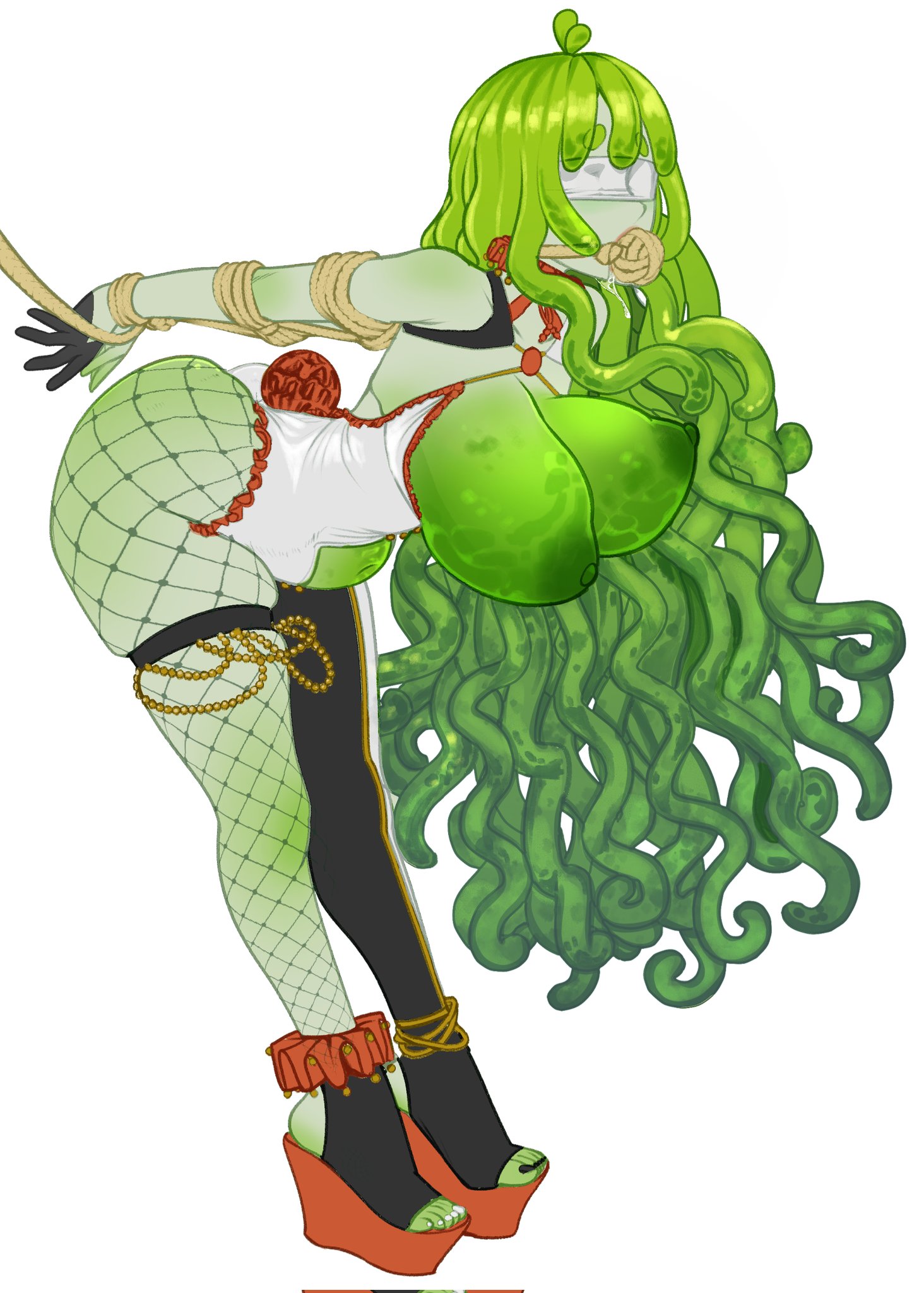 1girls, abel (x e11e), accessory, ambiguous penetration, big breasts, black nails, blindfold, blindfolded, breasts, breasts out, colored nails, curly hair, female, first porn of character, fishnets, green body, green hair, green nipples, large breasts, leotard, long hair, monster, monster girl, original, original character, pedicure, platform heels, rope, rope bondage, rope gag, slime, slime girl, slime hair, slime monster, stirrup legwear, stomach bulge, white nails, x e11e