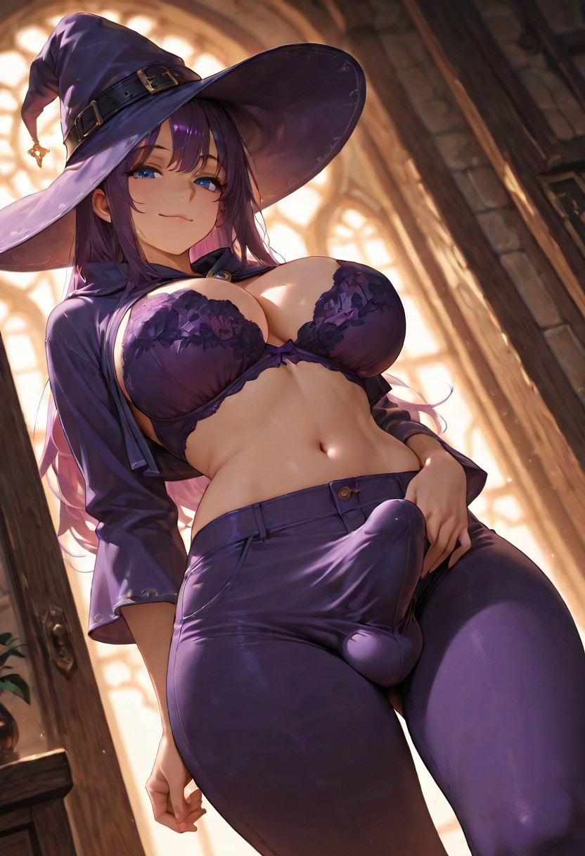 1futa ai_generated balls erection erection_under_clothes from_below futa_only futanari indoors jamesbron large_breasts large_penis long_hair looking_at_viewer navel pants penis penis_bulge purple_eyes purple_hair smug solo solo_futa standing sunset tight_clothing wide_hips witch witch_hat