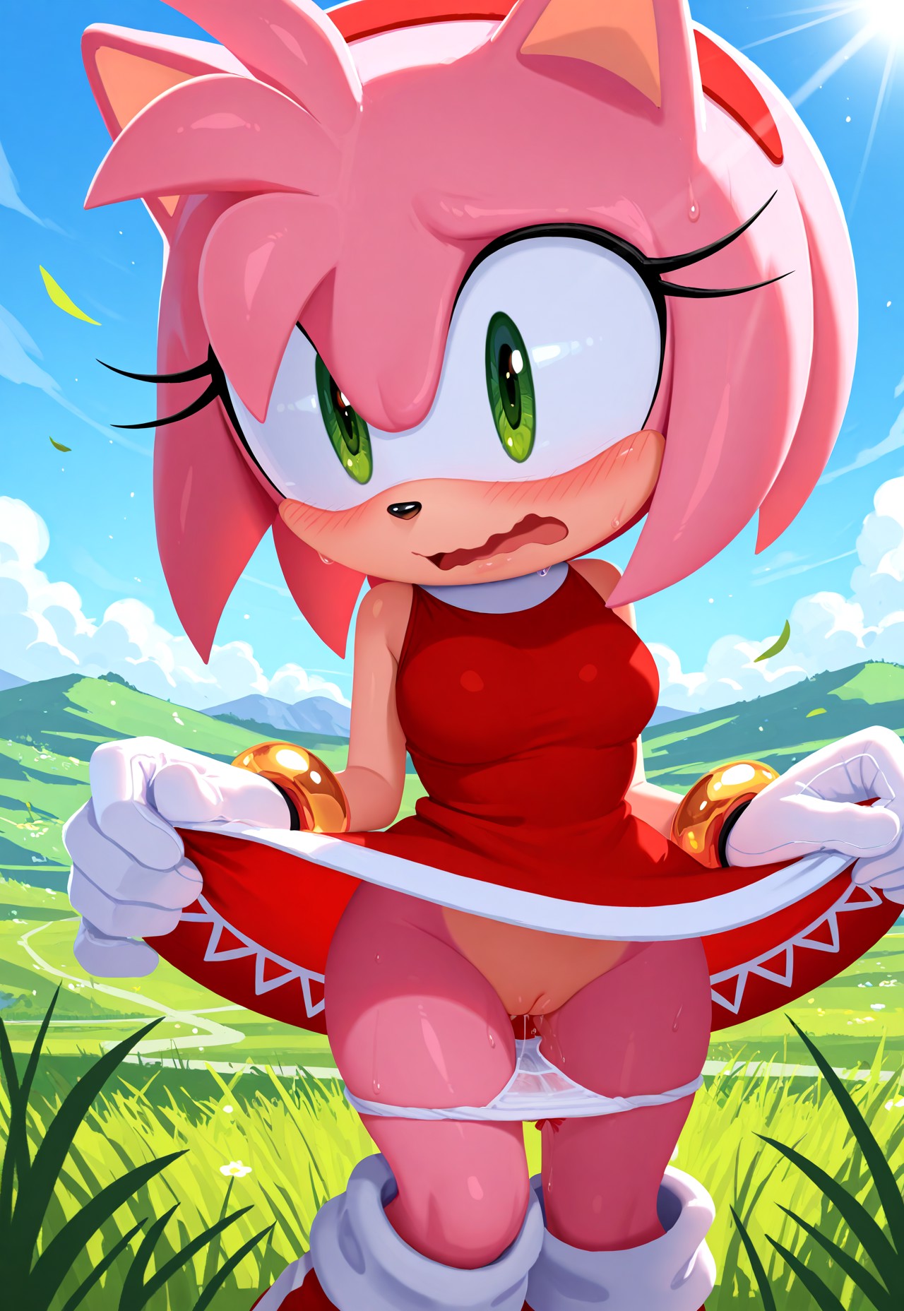 ai generated, amy rose, anthro, bangle, blush, bodily fluids, bracelet, clothed, clothing, cloud, dress, embarrassed, eulipotyphlan, female, fur, furry, furry only, genital fluids, genitals, gloves, green eyes, handwear, hedgehog, hi res, hill, hips, jewelry, mammal, panties, panties down, partially clothed, pink body, pink fur, pussy, pussy juice, sega, sky, solo, solo focus, sonic (series), sonic the hedgehog (series), underwear, underwear down, wind