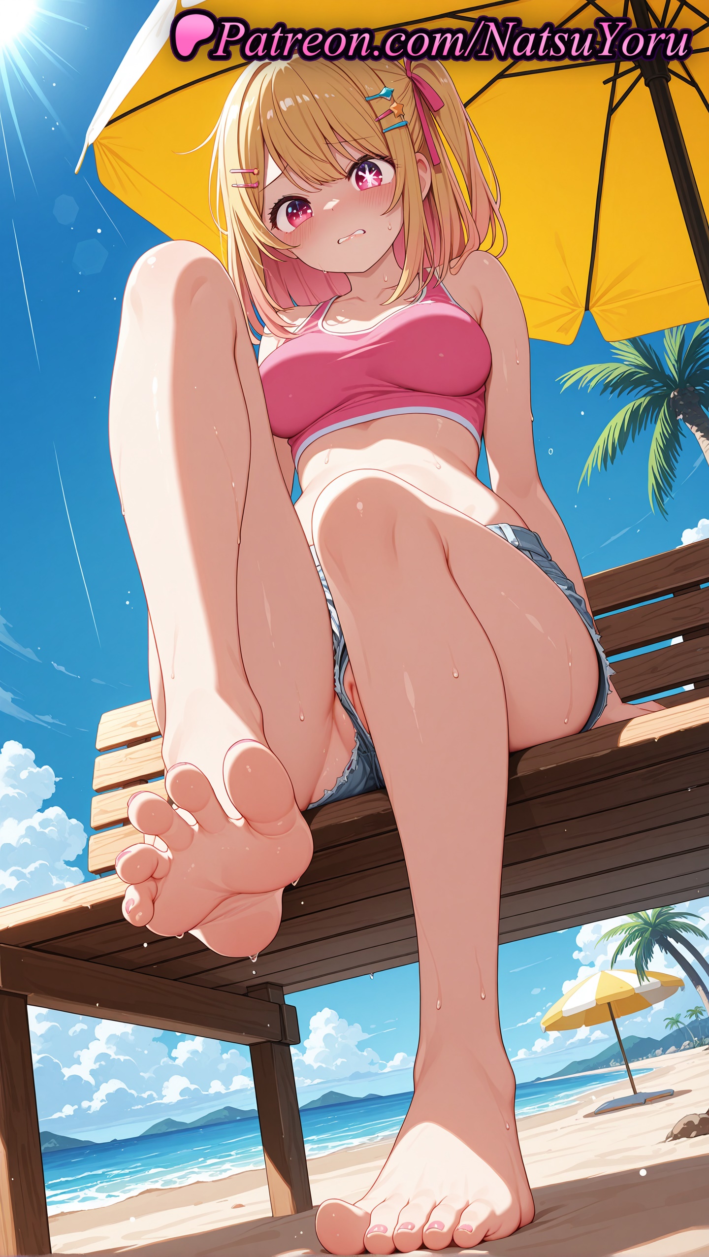 1girls, 2025, ai assisted, ai generated, anime, anime style, barefoot, beach, blonde hair, blush, breasts, day, denim shorts, feet, female, fetish, foot fetish, foot focus, foreshortening, hair ornament, hairclip, hi res, high quality, high resolution, highres, hoshino ruby, legs, looking at viewer, natsuyoru, non-asian, oshi no ko, outdoors, partially visible vulva, patreon, pink eyes, pov feet, pussy, short shorts, shorts, sitting, soles, solo, sports bra, stable diffusion, star-shaped pupils, toenails, toes, umbrella, voluptuous, voluptuous female