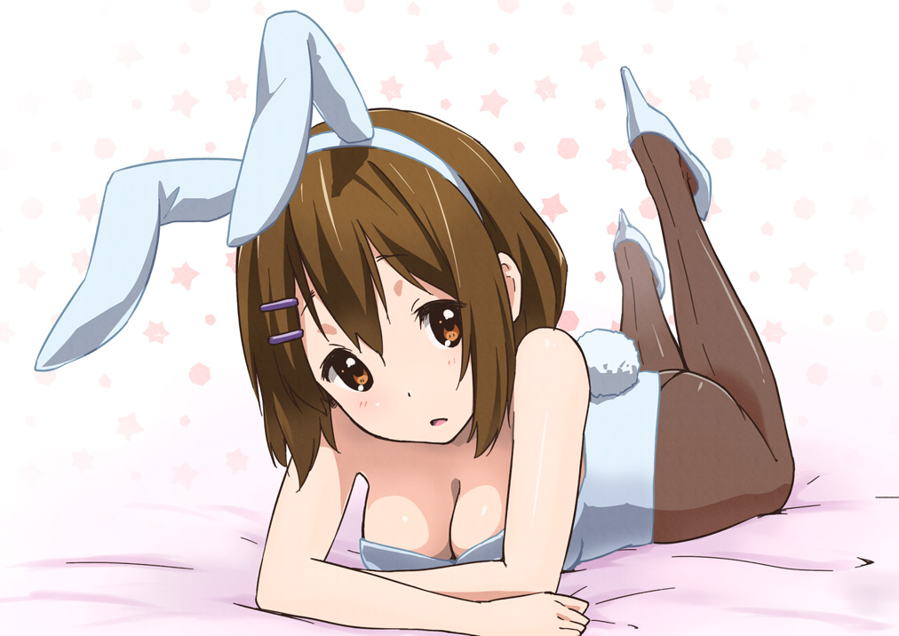1girls, artist request, brown eyes, brown hair, female, hairclip, k-on!, looking at viewer, lying on bed, lying on stomach, playboy bunny, tagme, yui hirasawa (k-on!)