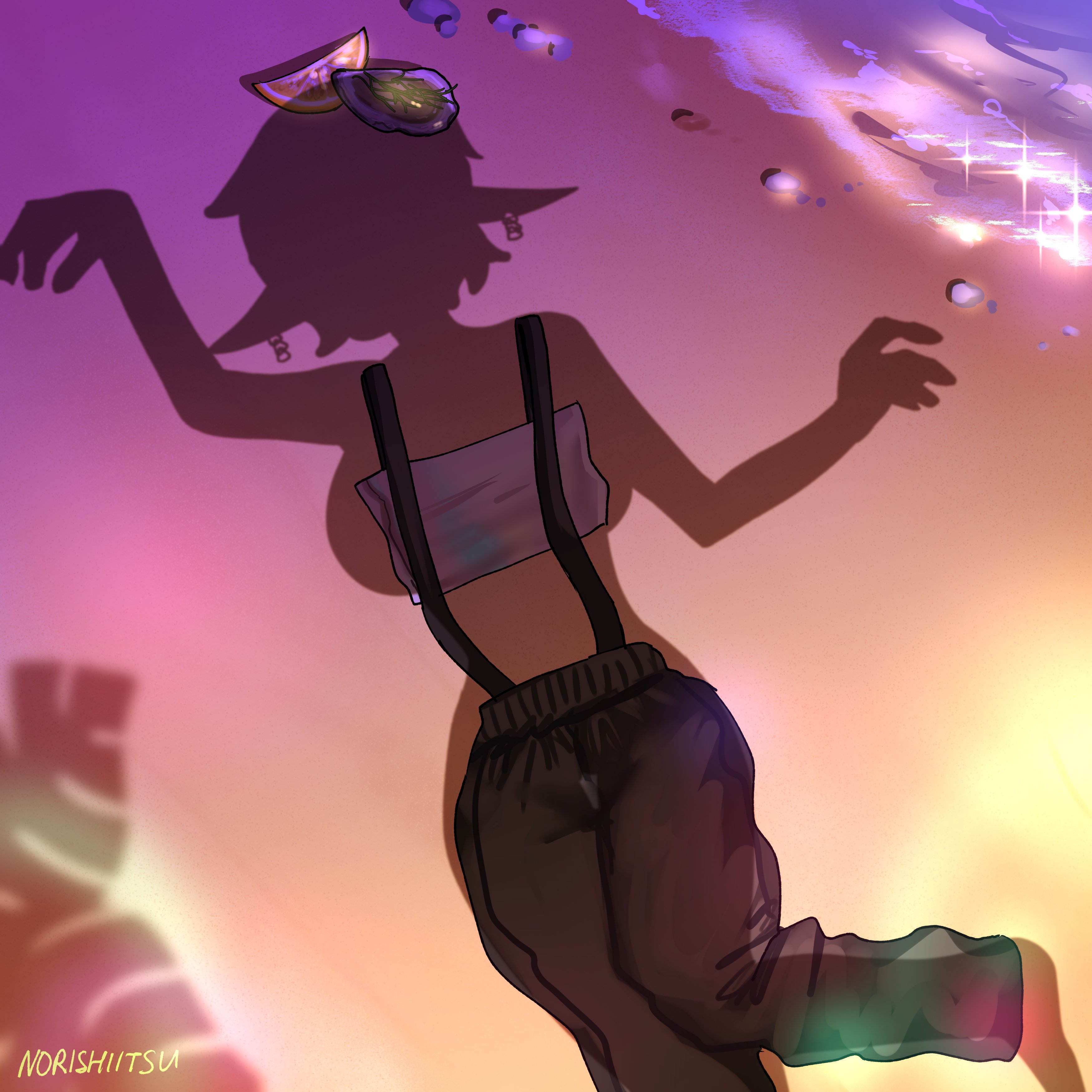 1girls, beach, black pants, black suspenders, breasts, dressed shadow (meme), female, inkling, inkling girl, large breasts, marie (splatoon), marie (summer nights), nintendo, norishiitsu, pants, pointy ears, shadow, solo, splatfest, splatoon, splatoon (series), splatoon 3, summer nights splatfest, suspenders