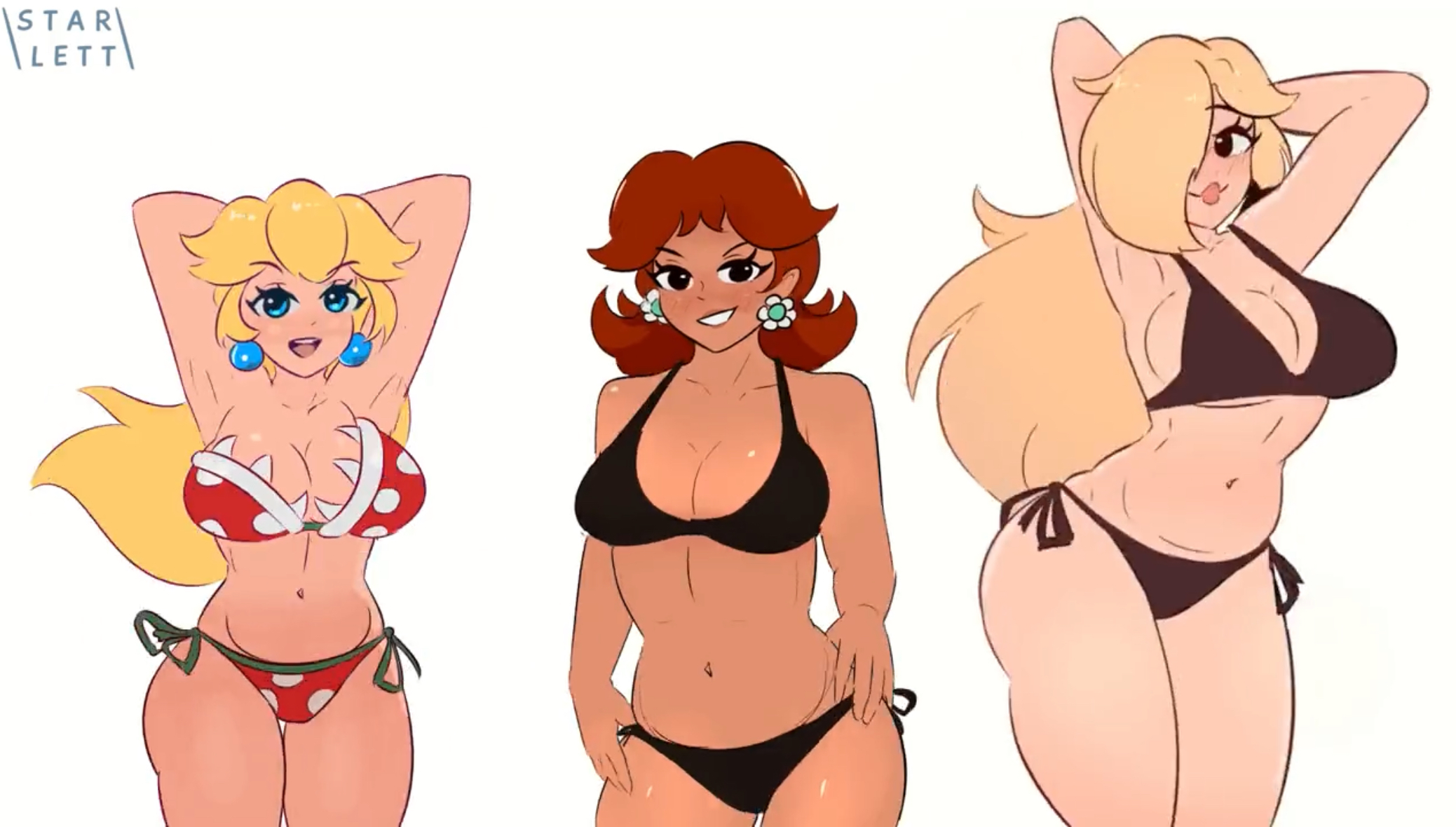 3girls, armpits, arms behind head, ass, big breasts, bikini, bikini top, black bikini, blonde female, blonde hair, breasts, brown hair, brown-haired female, busty, c starlett, earrings, female, female only, height difference, light skin, light-skinned female, long hair, mario (series), piranha plant, piranha plant bikini, princess daisy, princess peach, princess rosalina, sensual, sexy, sexy armpits, sexy pose, skin tone difference, starlett, super mario bros., tan-skinned female, thick thighs, voluptuous