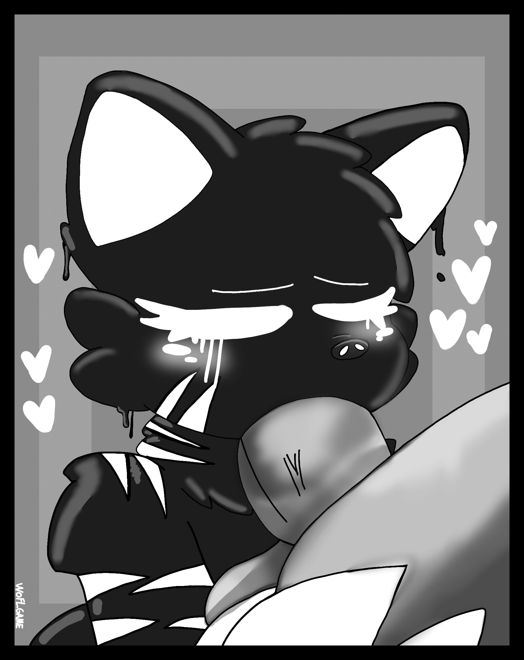 blowjob, duo, fellatio, glowing markings, heart, male, ombra (piggy), penis, pig, piggy (game), sentinel (piggy), the insolence (piggy), white eyes, woflgame