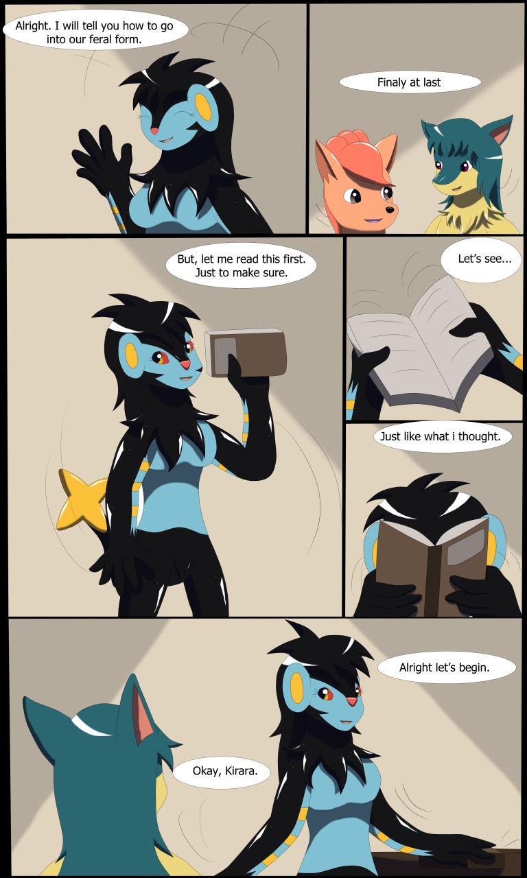 2015 3:5 anthro barely_visible_genitalia barely_visible_pussy biped black_border blue_body book border breasts cindy_(swack16) closed_eyes colored comic dialogue eye_contact featureless_breasts female female_anthro fur furniture generation_1_pokemon generation_2_pokemon generation_4_pokemon genitals glistening glistening_body group hair hi_res holding_object kirara_(swack16) lina_(swack16) looking_at_another luxray male markings motion_lines nintendo nude open_mouth orange_body pokemon pokemon_(species) pussy quilava reading red_sclera simple_background speech_bubble standing tail text trio vulpix wolferion yellow_markings
