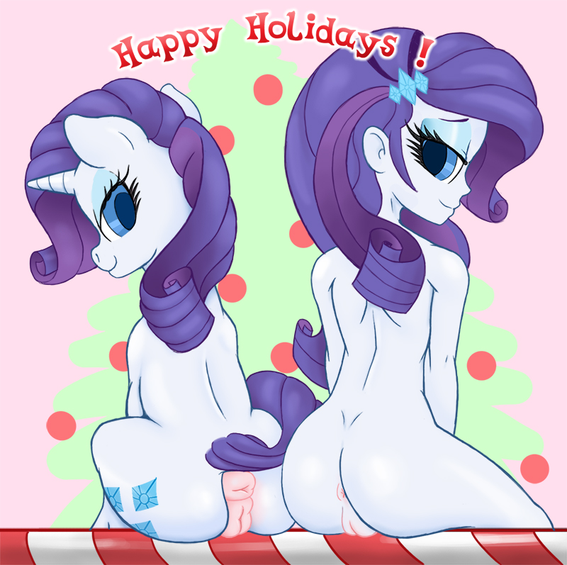 2015 2girls animal_genitalia anus ass blue_eyes christmas cutie_mark dual_persona duo english_text equestria_girls equine equine_pussy female feral friendship_is_magic hair holidays horn human humanized looking_back mammal my_little_pony nude puffy_anus purple_hair pussy rarity_(eg) rarity_(mlp) sitting smile square_crossover stradivarius text unicorn