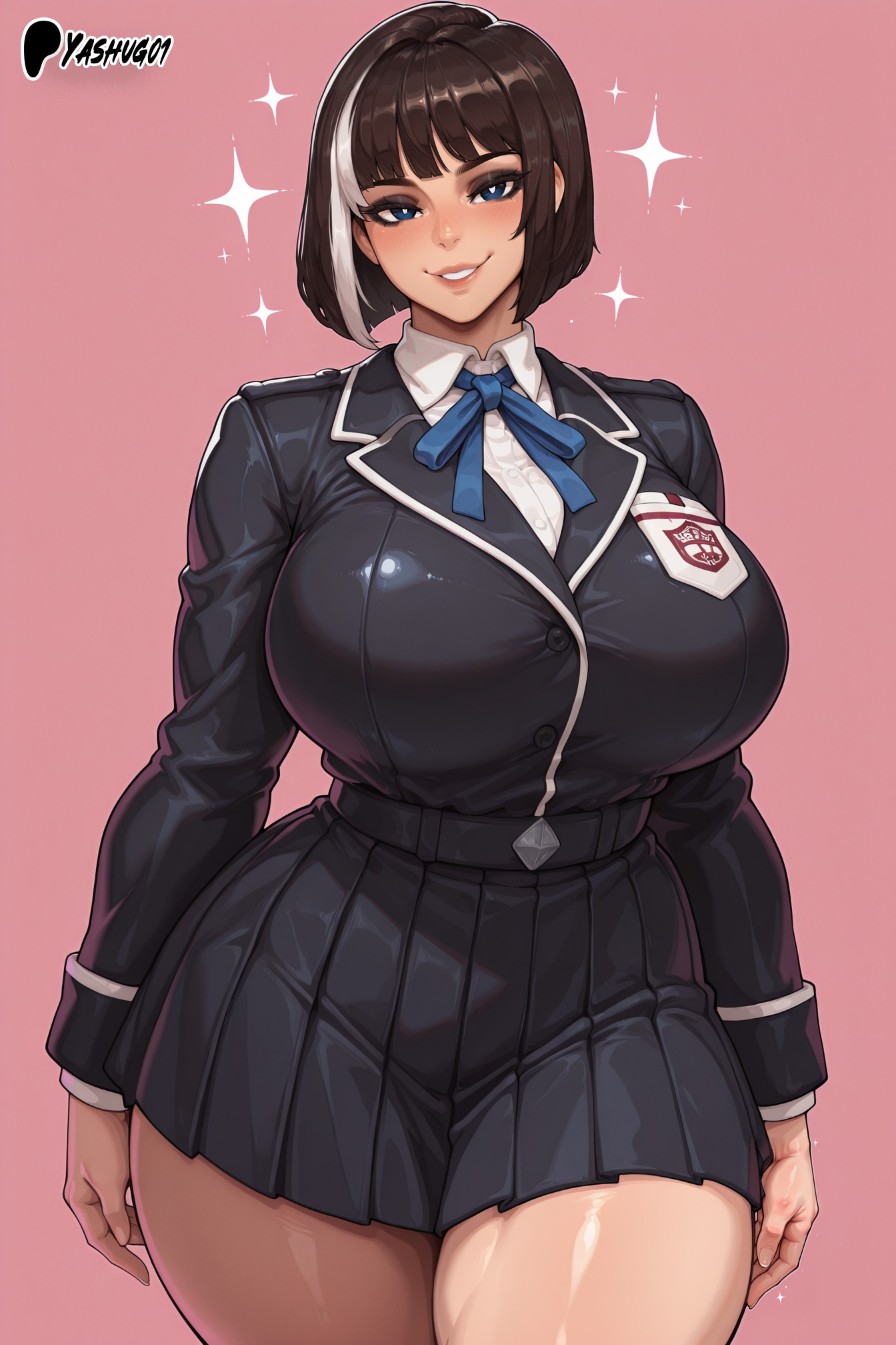 ai generated, athletic female, bare thighs, black eyes, black hair, breasts, female, gigantic breasts, huge breasts, huge thighs, light skin, light-skinned female, looking at viewer, massive breasts, multicolored hair, original, school uniform, schoolgirl, short hair, smiling, solo female, squatting, sweat, sweatdrop, thick body, thick female, thick thighs, thighs, voluptuous, voluptuous female, white pupils, yashugai
