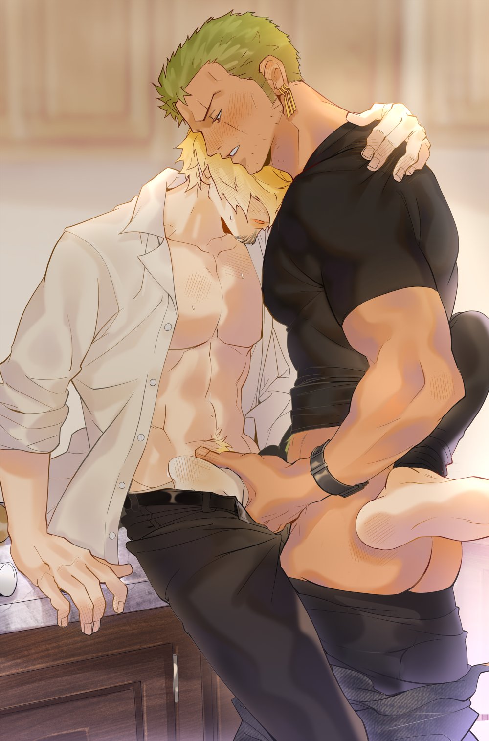 ass, being undressed, blonde hair, bulge through clothing, gay, gay sex, green hair, male, male only, one piece, roronoa zoro, vidrith, vinsmoke sanji, yaoi