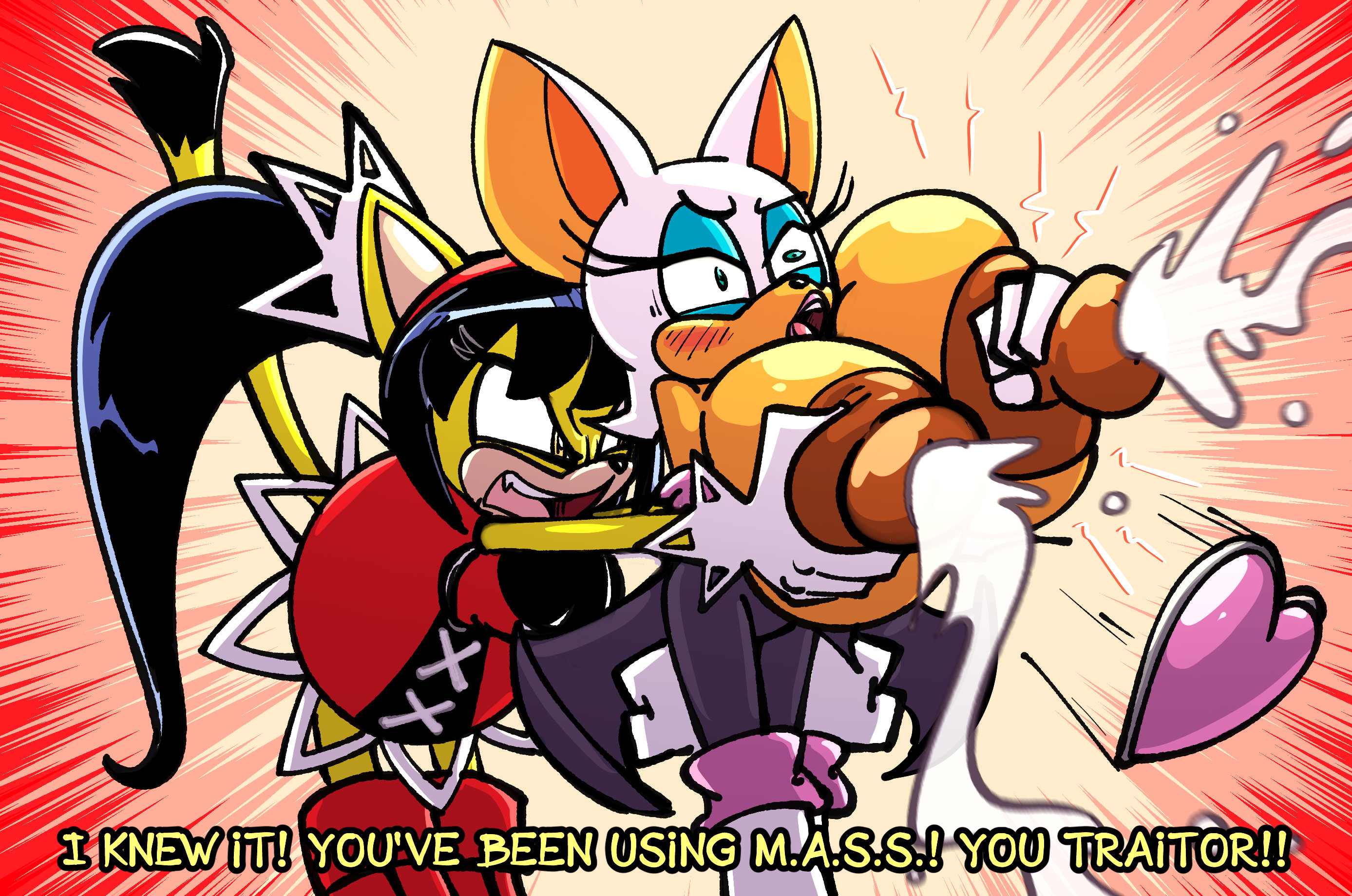 alternate breast size, anthro, anthro female, anthro only, bat wings, big breasts, blush, breast squeeze, breasts, breasts bigger than head, cat tail, female, female focus, female only, forced, furry, furry female, furry only, groping, honey the cat, huge breasts, lactation, milk, rouge the bat, sachasketchy, sega, small ass, sonic (series), sonic the hedgehog (series), top heavy, unrealistic proportions, wardrobe malfunction