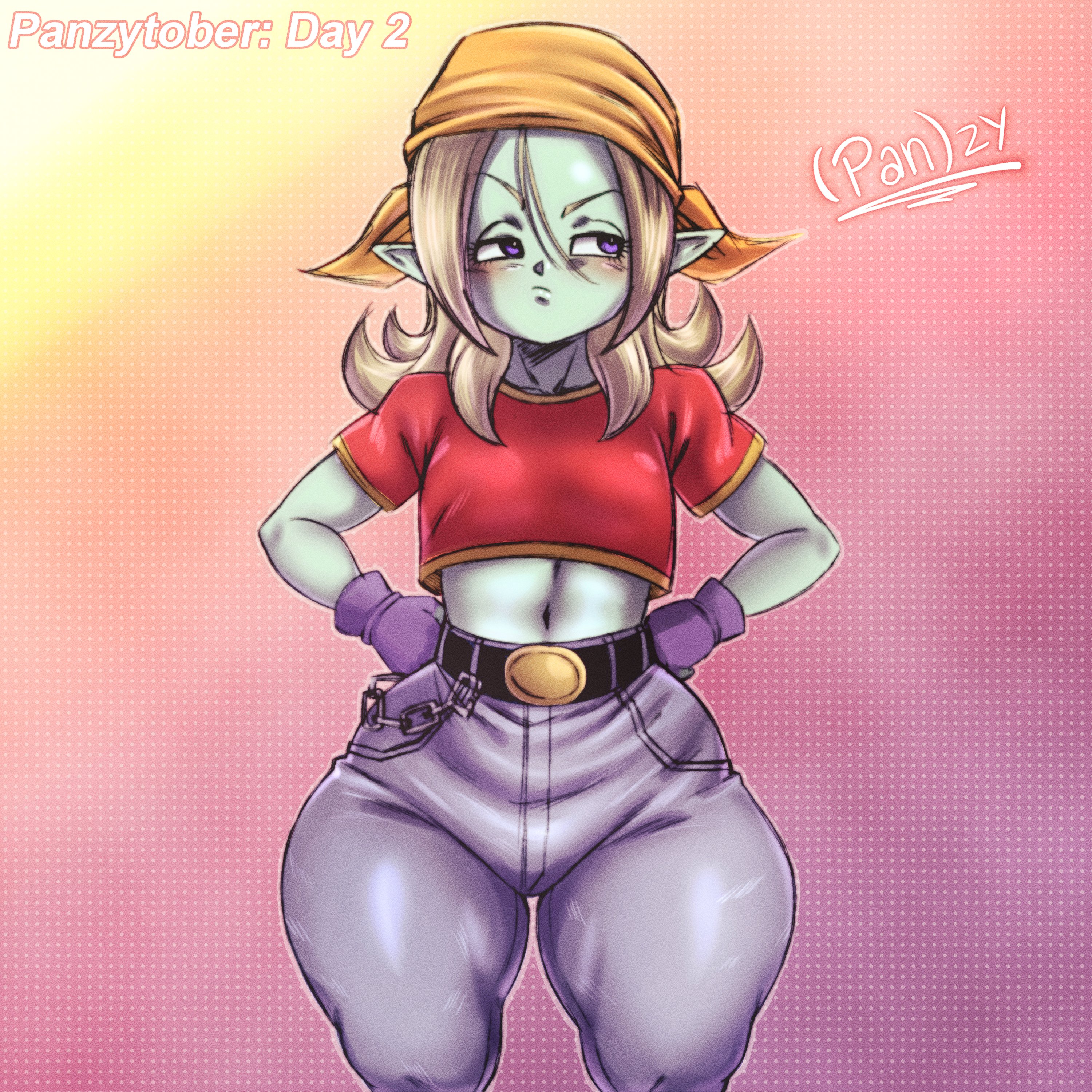 1girls, 2025, bandages, belt, belt buckle, big thighs, blonde hair, coffeenexxa, cosplay, demon, demon girl, dragon ball, dragon ball daima, dragon ball gt, female, female focus, female only, glistening, glistening body, gloves, green eyes, hands on hips, high resolution, highres, huge thighs, long hair, looking away, looking away from viewer, looking sideways, nexxa, pan (dragon ball), pan (dragon ball) (cosplay), panzy (dragon ball daima), panzytober, purple eyes, shiny clothes, shiny hair, shiny skin, shiny thighs, solo, solo female, solo focus, text, thick thighs, thighs, tight clothes, tight clothing, tight pants, watermark, yellow hair