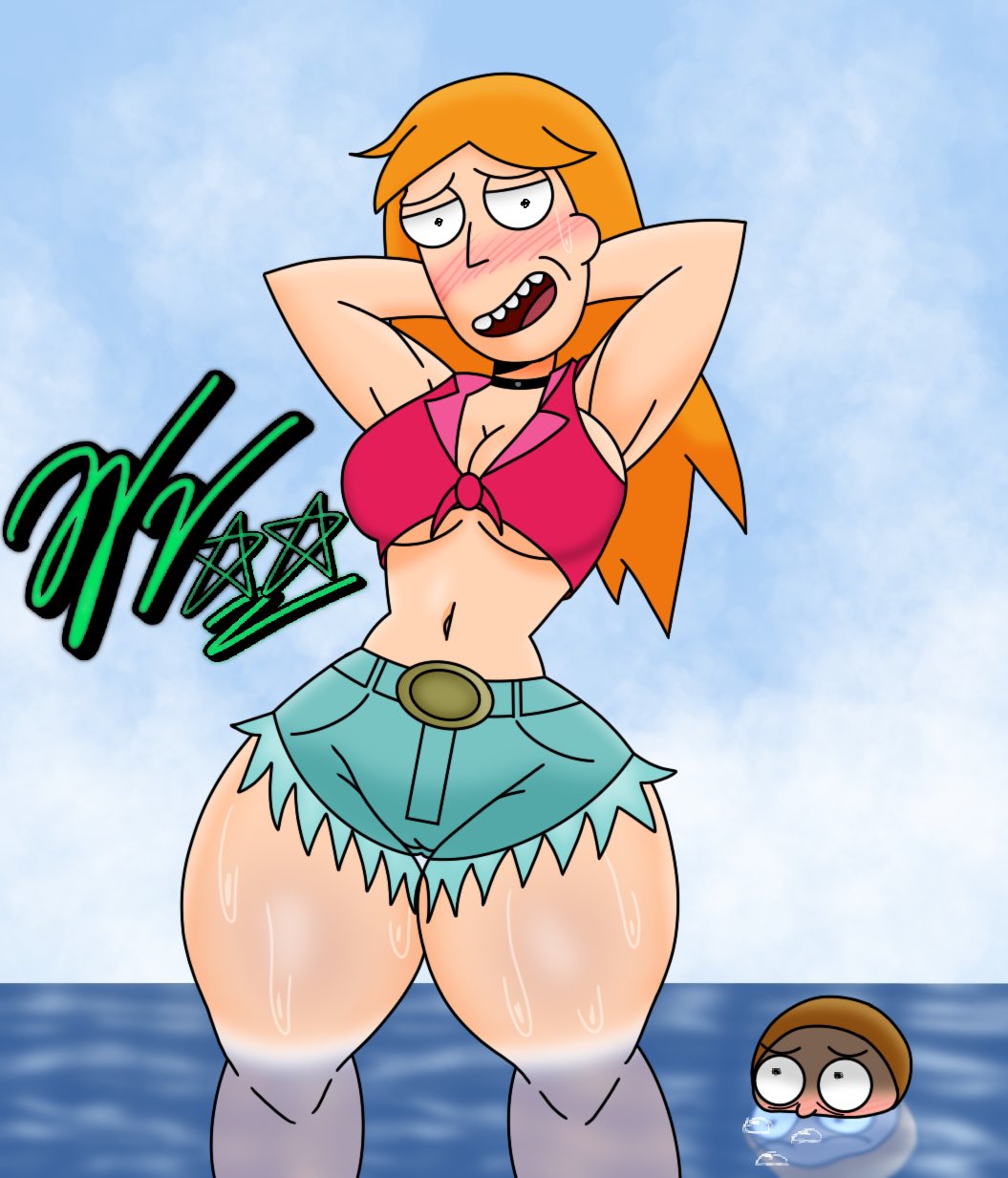 1boy, 1girls, adult swim, beach, big breasts, blush, booty shorts, breasts, busty, busty female, female, in water, long hair, male, morty smith, rick and morty, summer smith, thick thighs, wet skin, wifeyvoo