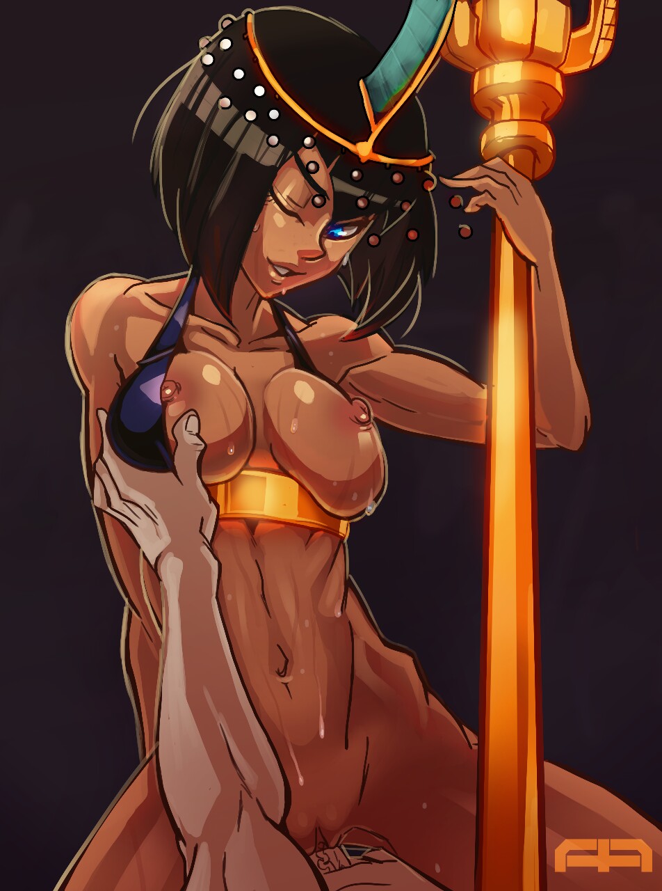 1girls, andava, black hair, blue eyes, bob cut, breast grab, breasts, circlet, cowgirl position, dark skin, dark-skinned female, egyptian, eliza (skullgirls), female, interracial, large breasts, light skin, light-skinned male, male, navel, nipples, one eye closed, pale skin, pale-skinned male, penetration, penis, pov, pussy, sex, short hair, skullgirls, sweat, unseen male face, vaginal penetration, wet, wink
