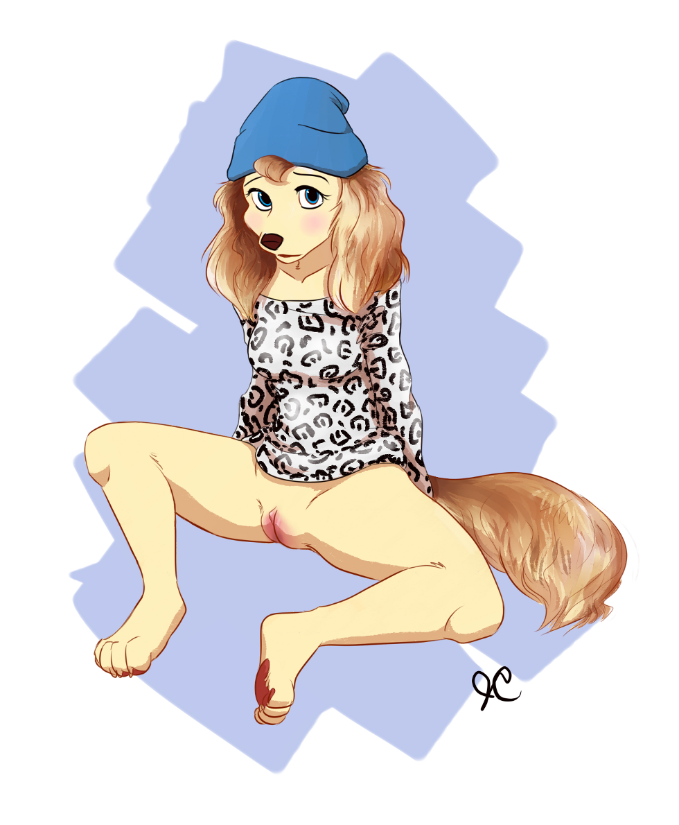 4_toes anthro bottomless canine clothed clothing evelyn female female_only fluffy_tail fur furry half-dressed looking_at_viewer mammal plump_labia pussy sitting solo thelupineprincess