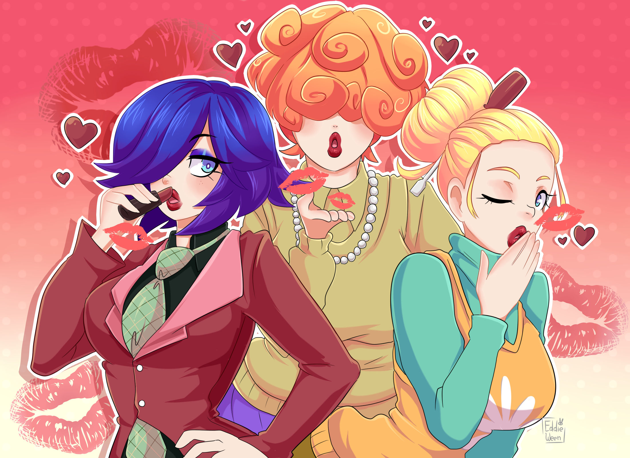 2d, 2d (artwork), 3girls, afro, applying, applying lipstick, applying makeup, blonde hair, blowing kiss, blue eyeshadow, blue hair, breasts, cartoon network, clothed, clothed female, clothing, digital drawing (artwork), digital media (artwork), ed edd n eddy, eddieween, eyelashes, eyeshadow, female, fully clothed, hair covering eyes, hair over eyes, hair over one eye, hair tied, half sisters, hand on hip, heart, kanker sisters, kiss mark, kissable lips, lee kanker, light skin, marie kanker, may kanker, medium breasts, necklace, one eye closed, red hair, red lips, red lipstick, screwdriver, suit, teacher, teacher clothing, teacher outfit, teachers, tie, vcookiestudios, wink, winking, winking at viewer