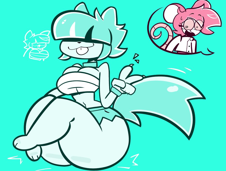 2girls, big, big breasts, cat ears, cat girl, claws, fat ass, fat ass femboy, goommy (goommymuffin), goommymuffin, hair covering eye, hair covering eyes, huge ass, merricuwu, mouse ears, mouse girl, mouse tail, muffin (goommymuffin), peace sign, shocked, shocked expression, short hair, short shorts, skinny, skinny female, stomach, tagme, tail, tongue, tongue out, upperboob