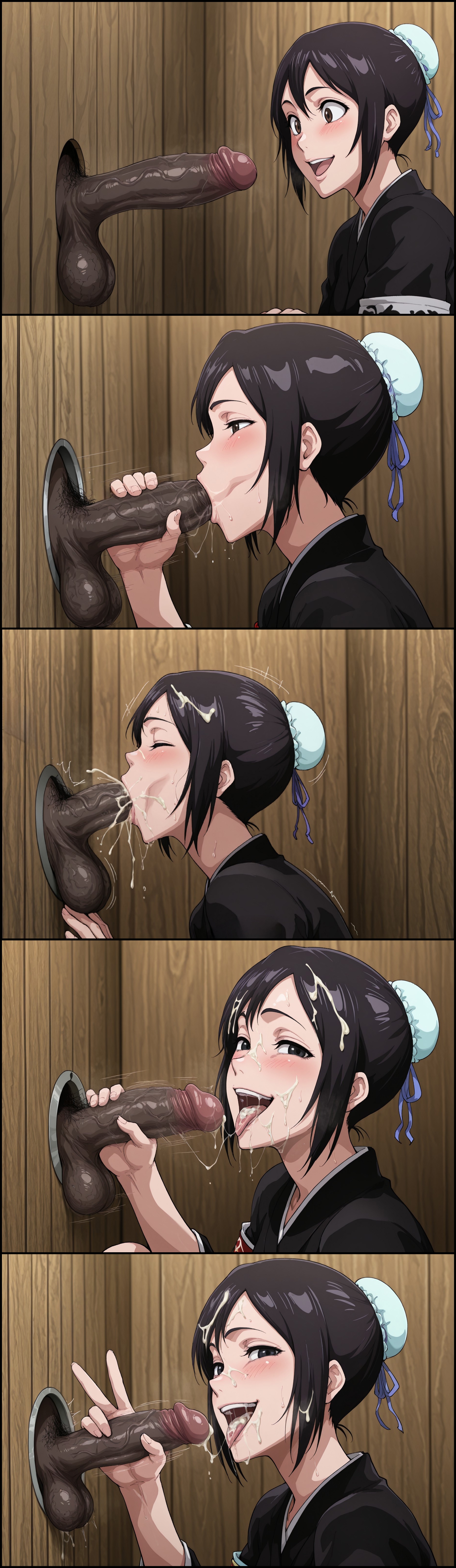 1boy, 1girls, ai generated, balls, black hair, bleach, blowjob, brown eyes, brown hair, cum, cum in mouth, dark hair, dark skin, dark-skinned male, deepthroat, fellatio, female, glory hole, hair bun, hinamori momo, huge cock, interracial, kimono, large penis, light skin, light-skinned female, looking at viewer, male, male pubic hair, male/female, oral, oral sex, orgasm, peace sign, penis, sparda (artist), straight, sucking penis, testicles, v, v sign, veiny penis