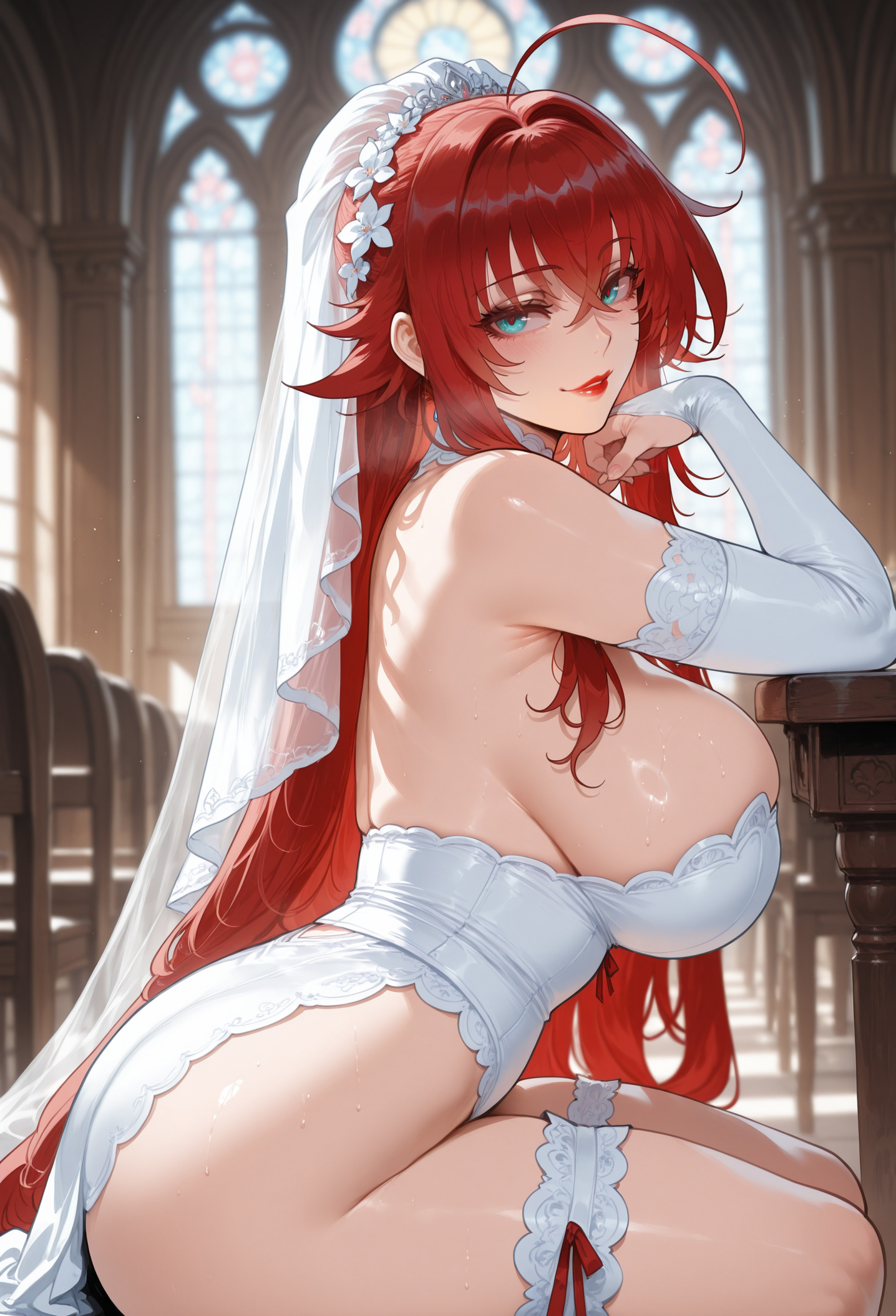 1girls, ahoge, ai generated, ass, bangs, bare shoulders, blue eyes, blush, breasts, bridal garter, bridal gauntlets, bridal lingerie, bridal veil, bride, chair, church, closed mouth, clothing, crossed bangs, curvaceous, curvaceous female, curvaceous figure, curvy, curvy figure, detached sleeves, dress, elbow gloves, elbow rest, female, female focus, female only, flower, gloves, hair between eyes, hair ornament, headdress, high school dxd, highleg, highleg leotard, huge ahoge, huge ass, huge breasts, indoors, inviting, inviting to sex, large breasts, legwear, leotard, light-skinned female, lips, lipstick, long hair, looking at viewer, looking to the side, makeup, miyuai, on chair, presenting, presenting ass, presenting breasts, presenting hindquarters, presenting self, red hair, red lips, rias gremory, seductive, seductive look, seductive smile, sideboob, sidelocks, sitting, smile, solo, strapless, sweat, thick thighs, thigh strap, thighs, veil, very long hair, voluptuous, voluptuous female, wedding dress, white dress, white gloves, white leotard, window