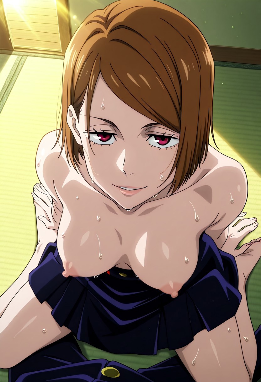 1boy, 1girls, ai generated, female, gojou satoru, horny female, in heat, jujutsu kaisen, kugisaki nobara, looking at viewer, male, nobara kugisaki, school uniform, steaming body, sweating