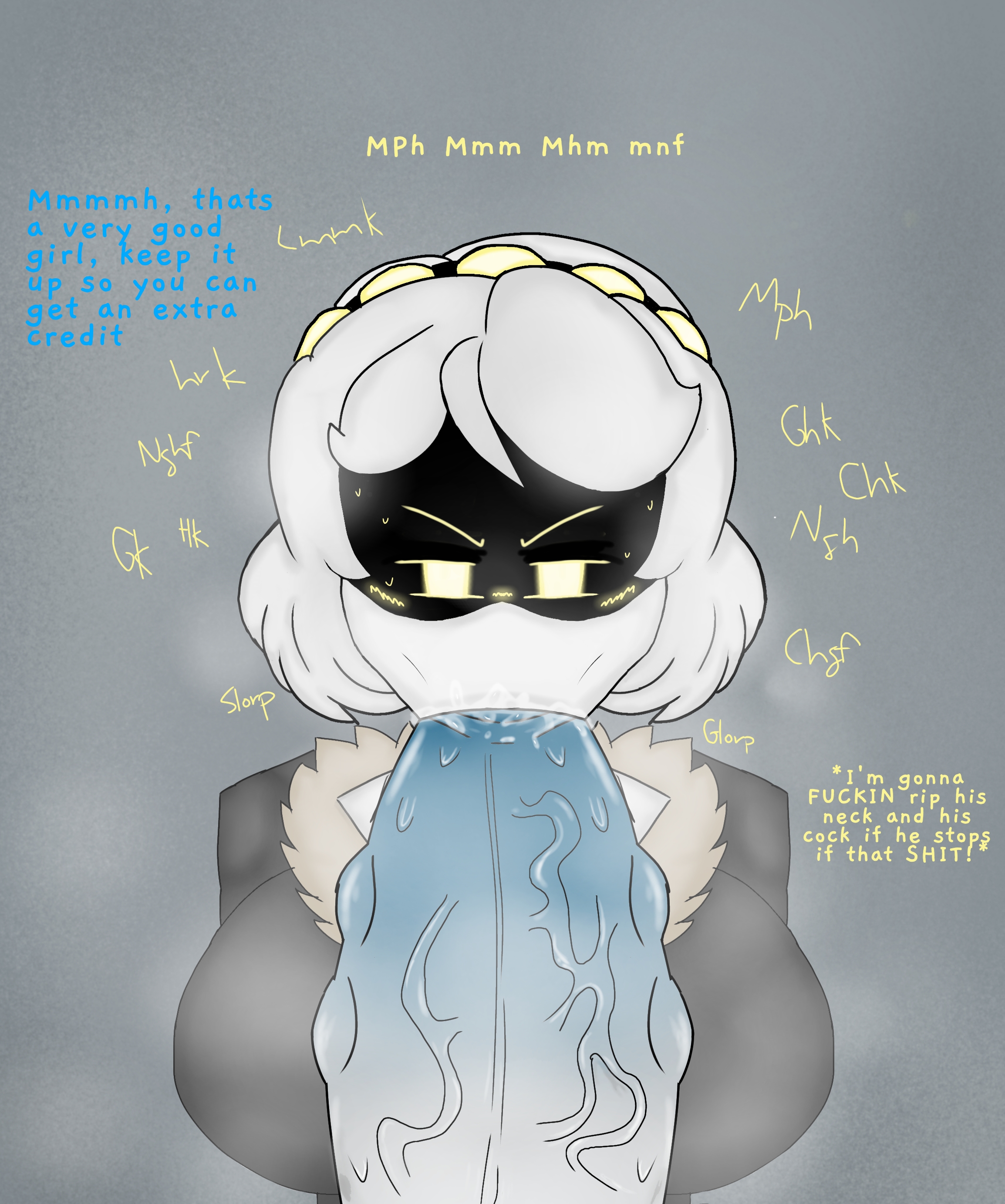 1boy, 1girls, 2025, 2d, 2d (artwork), 2d artwork, angry, angry expression, angry eyes, angry face, big breasts, black jacket, breasts, eyes, female, fur jacket, glitch productions, hyper cock, hyper dick, hyper muscles, hyper penis, hyper veins, imminent penetration, male, male/female, murder drones, muscles, penis, robot, robot girl, robot humanoid, saliva, saliva on penis, saliva on tip, sd loveher (artist), shiny body, shiny metal, short hair, silver hair, sucking cock, sucking dick, sucking penis, sucking penis tip, text, text bubble, top heavy, unseen male face, v (murder drones), white body, yellow eyes