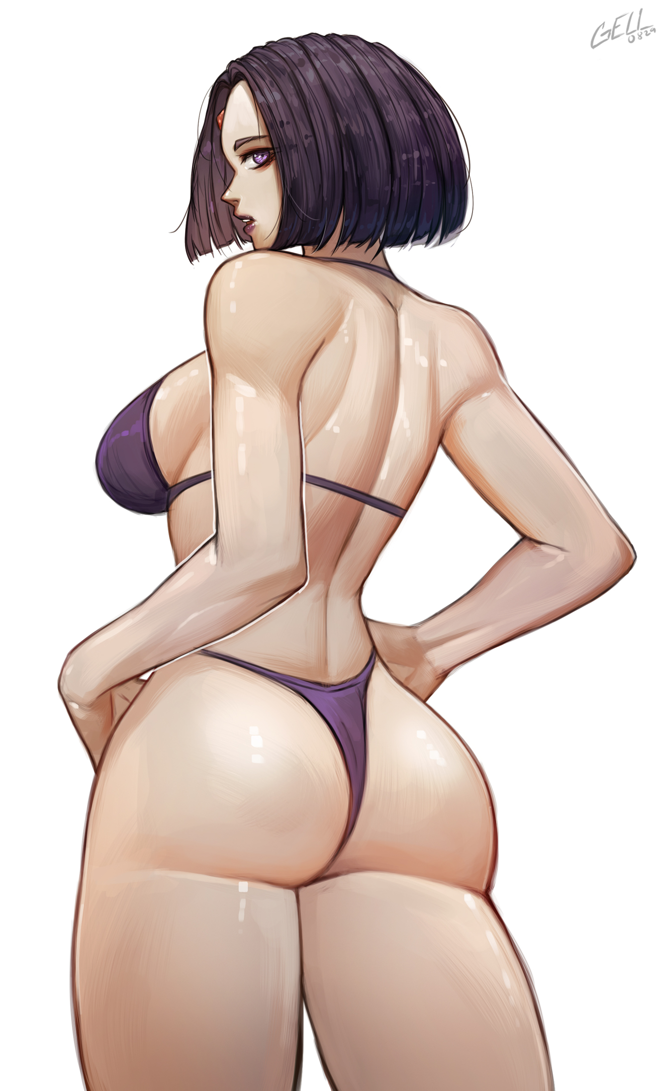 2023, ass, bikini, breasts, cartoon network, dc, dc comics, female, female only, gelldraws, goth, goth girl, looking at viewer, looking back, purple bikini, purple eyes, purple hair, purple lips, purple lipstick, rachel roth, raven (dc), short hair, sideboob, swimsuit, teen titans, thick thighs, thighs, white background