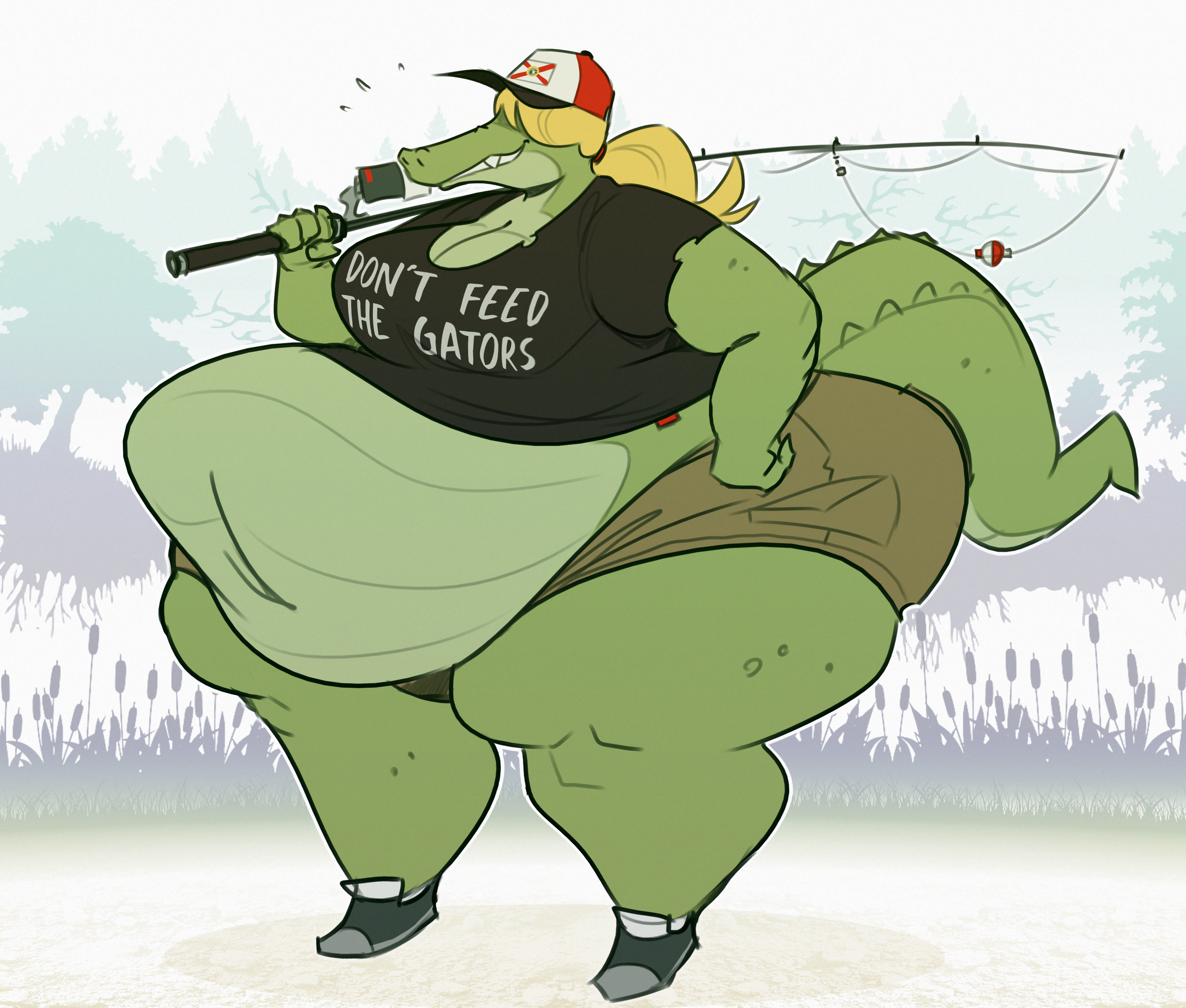 1girls, alligator, alligatorid, anthro, ass, belly, big belly, blonde hair, breasts, cleavage, fat, female, female focus, female only, fishing rod, florida, florida flag, gerry (ridiculouscake), green body, green skin, hair covering eyes, hair over eyes, hat, hips, large ass, large belly, large breasts, overweight, overweight female, ponytail, reptile, reptile humanoid, ridiculouscake, shorts, stomach, swamp, thick thighs, thighs, weight gain, wide hips