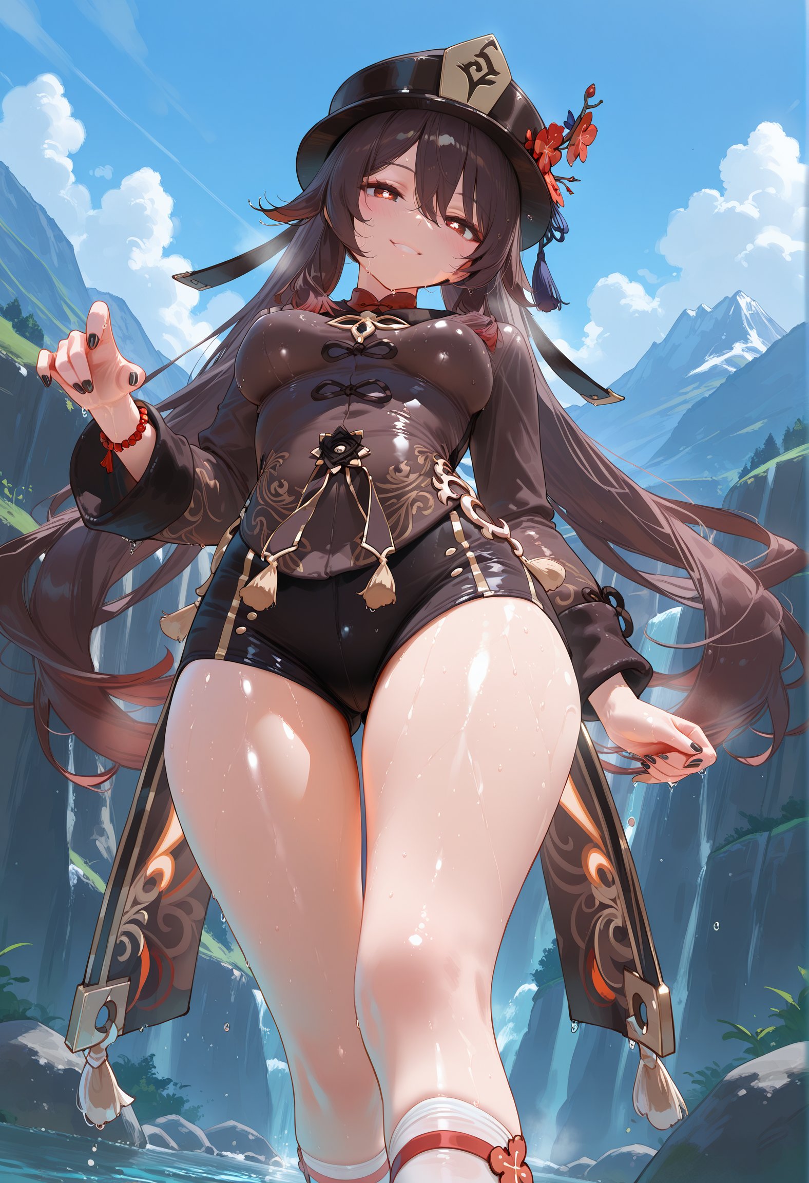 1girls, ai generated, female, fuwako, genshin impact, hat, hoyoverse, hu tao (genshin impact), looking at viewer, low-angle view, outdoors, shiny skin, shorts, sweat, thighs, walking, wet skin