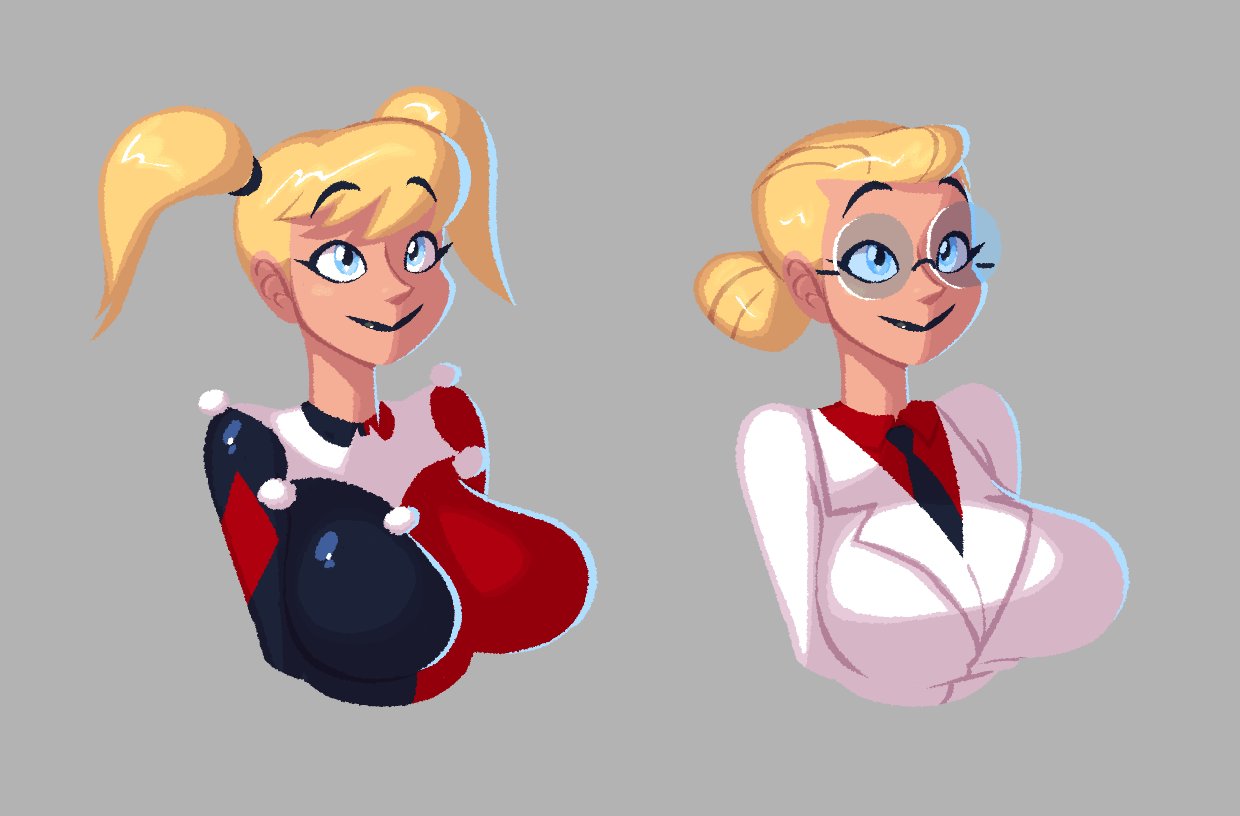 1girls, 2d, batman (series), batman: the animated series, big breasts, blonde hair, busty, captainmolasses, colo, dc, dc comics, dr. harleen quinzel, dual persona, female, female only, glasses, hair bun, harleen quinzel, harley quinn, harley quinn (classic), huge breasts, labcoat, large breasts, necktie, non-nude, pigtails, smile, solo, tied hair, upper body, upper body only, villain, villainess