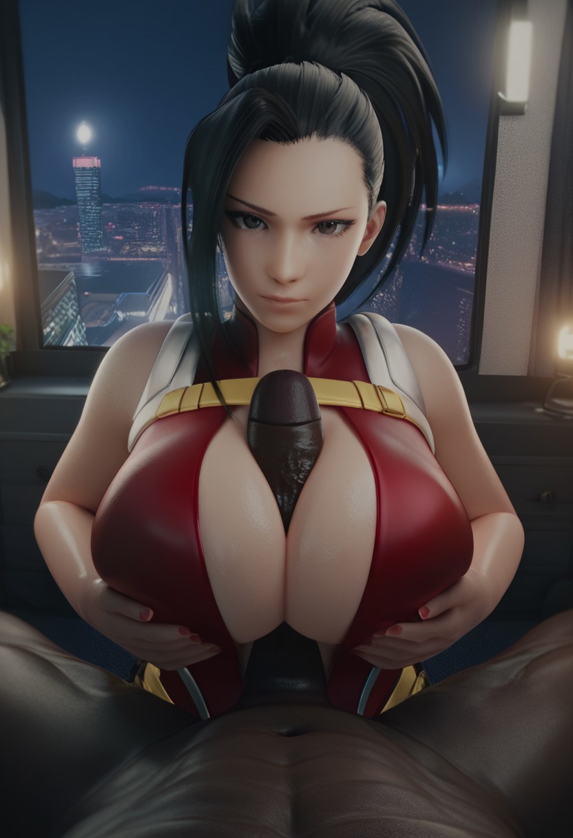1boy, 1girls, 3d, ai generated, asian, asian female, big breasts, big penis, black hair, boku no hero academia, breasts, clothed female, clothed female nude male, dark skin, dark-skinned male, eye contact, female, female focus, hands on breasts, huge breasts, imminent oral, indoors, interracial, light skin, light-skinned female, long hair, looking at viewer, male, male pov, momo yaoyorozu, my hero academia, night, on knees, oral, paizuri, penis, pov, red clothing, sexy, sodaglow artist, tied hair, titjob, window