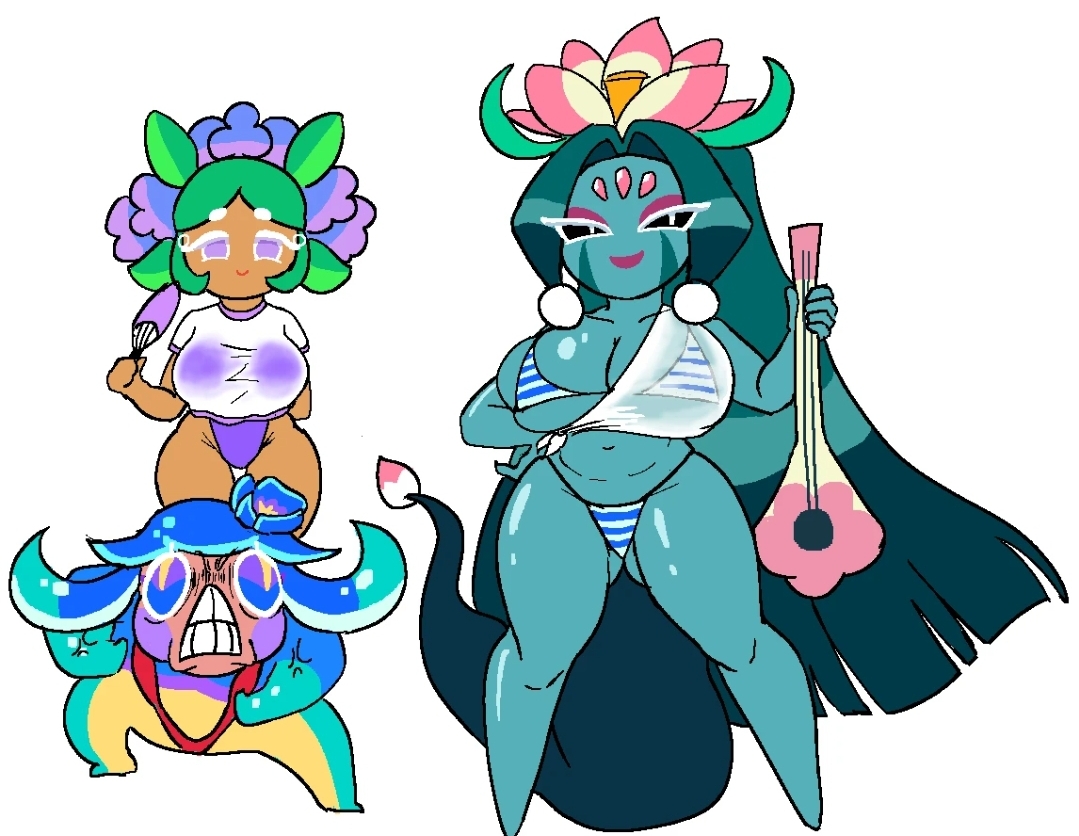 1other, 2girls, ambiguous gender, big breasts, blue hair, bra, breasts, cookie run, cookie run ovenbreak, dracoarcto, female, hydrangea cookie, lotus dragon cookie, pond dino cookie, trio