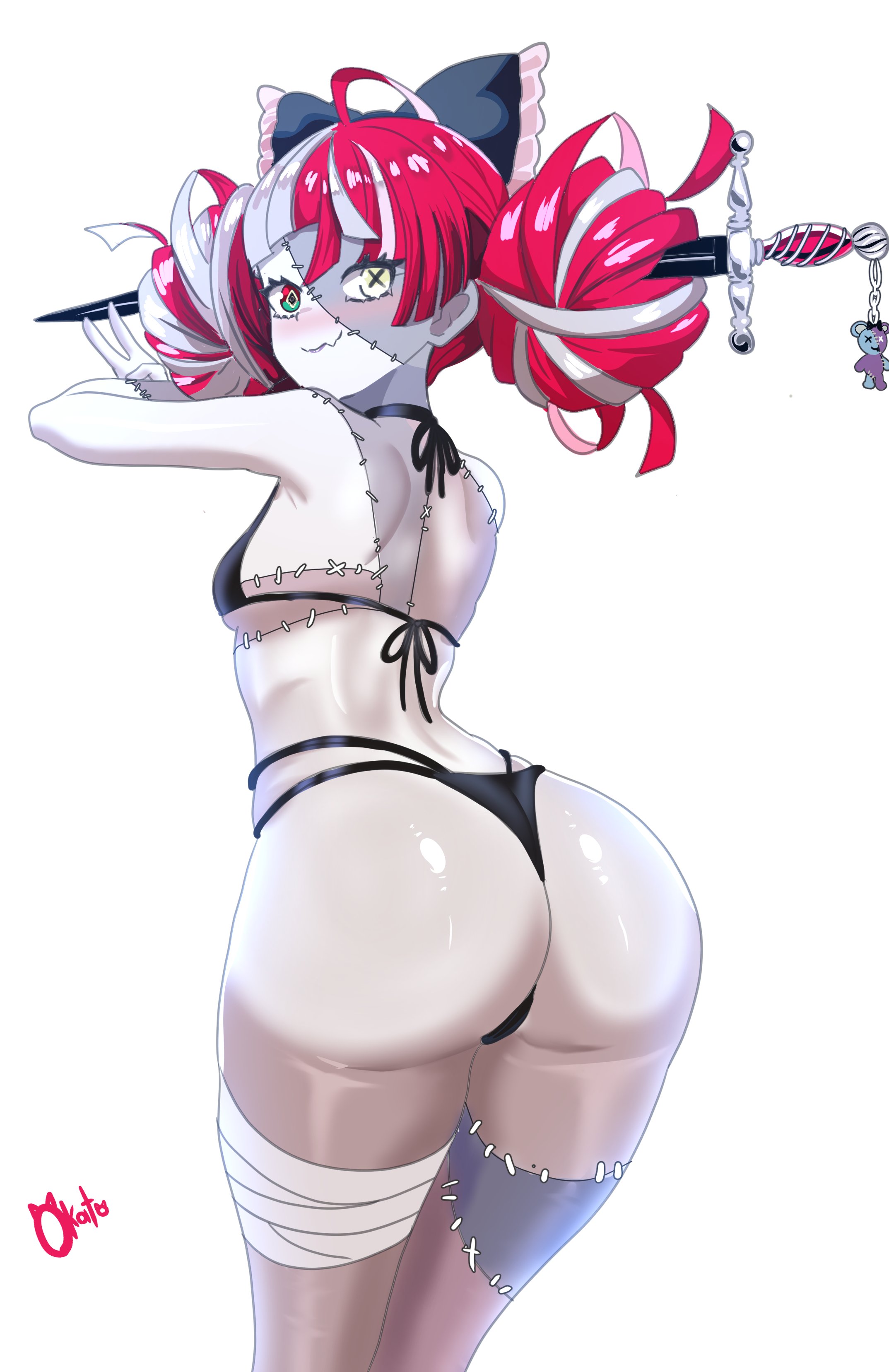 absurdres, alternate costume, artist name, ass, bandaged leg, bandages, bikini, black bikini, black bow, blush, bow, breasts, charm (object), closed mouth, colored skin, diamond (shape), diamond-shaped pupils, double bun, female, frilled bow, frills, from behind, green eyes, grey skin, hair bun, hairbow, heterochromia, highres, hololive, hololive indonesia, hololive indonesia holoro, kureiji ollie, looking back, mismatched pupils, multicolored eyes, multicolored hair, multicolored skin, okatosen, patchwork skin, red eyes, red hair, small breasts, solo, stitched face, stitched leg, stitched torso, stitches, swimsuit, sword, symbol-shaped pupils, v, virtual youtuber, weapon, white hair, x-shaped pupils, yellow eyes, zombie