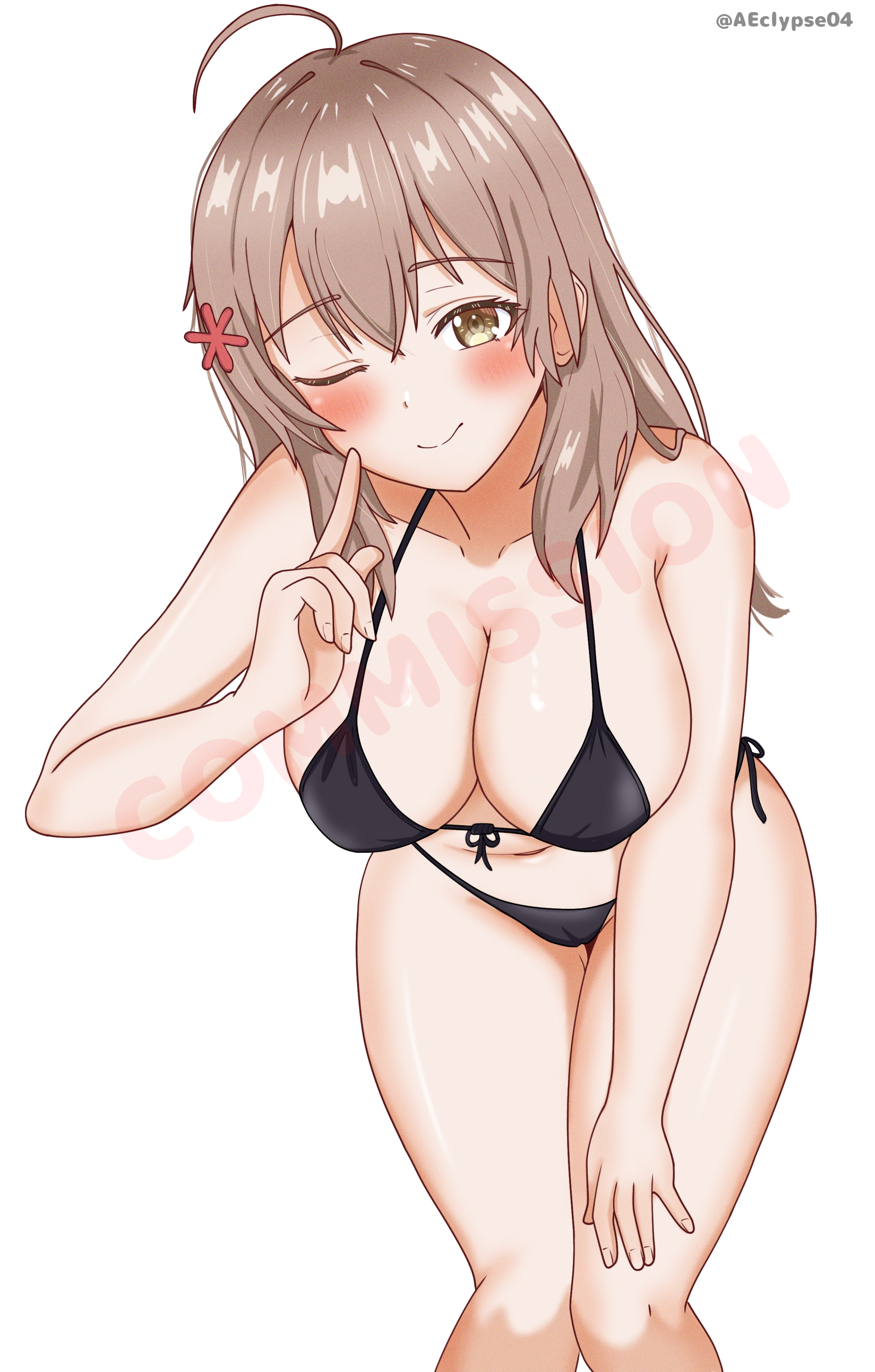 1girls, ahoge, antenna hair, bare arms, bare belly, bare chest, bare hands, bare hips, bare knees, bare legs, bare midriff, bare navel, bare shoulders, bare skin, bare thighs, bare torso, belly, belly button, big breasts, big sister, bikini, bikini bottom, bikini only, bikini top, blush, blush face, blushing at viewer, blushing female, breasts, brown eyebrows, brown eyes, brown hair, brown-eyed female, brown-haired female, busty, busty female, busty teenager, cleavage, closed mouth smile, collarbone, curvaceous, curvaceous body, curvaceous female, curvaceous figure, curvaceous hips, curvaceous teenager, curvaceous thighs, curvy, curvy body, curvy female, curvy figure, curvy hips, curvy thighs, eclypse, elbows, exposed arms, exposed belly, exposed chest, exposed hips, exposed legs, exposed midriff, exposed navel, exposed shoulders, exposed skin, exposed thighs, exposed torso, eye closed, female, female focus, female only, fingernails, fingers, groin, hair between eyes, halterneck, hand on leg, hand on own leg, hand on own thigh, hand on thigh, hanging breasts, high resolution, high school student, highres, hourglass figure, knees, large breasts, lean figure, leaning forward, lips, long hair, looking at viewer, maria mikhailovna kujou, midriff, narrow waist, navel, older sister, one eye closed, one eye open, partially exposed vulva, partially visible vulva, plump breasts, pussy, schoolgirl, shoulders, side-tie bikini, simple background, slender body, slender waist, slim waist, smile, smiley face, smiling, smiling at viewer, smirk, solo, standing, string bikini, swimsuit, swimwear, teenage female, teenager, thick thighs, thighs, tokidoki bosotto russian de dereru tonari no alya-san, upper body, white background, wide hips, wink, winking, winking at viewer, winking eye, young female, young woman