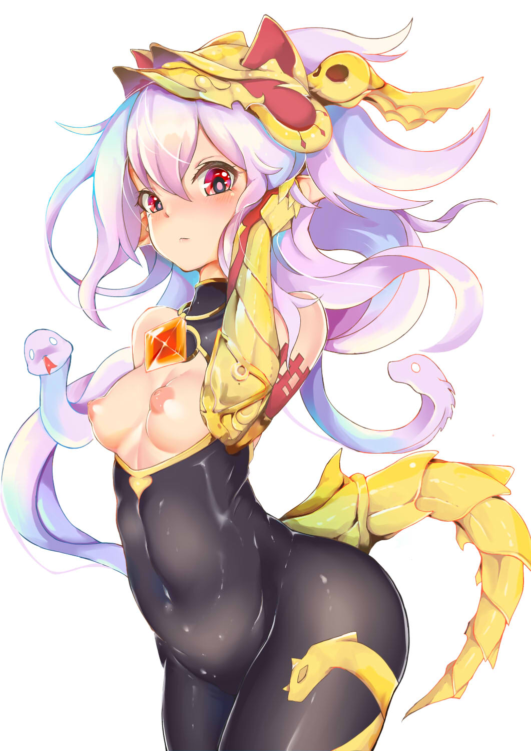 areolae bare_shoulders blush bodysuit breasts breasts_out covered_navel detached_sleeves elbow_gloves female gauntlets gloves granblue_fantasy hair_between_eyes highres lavender_hair long_hair looking_at_viewer medusa_(shingeki_no_bahamut) nipples pingqiong_xiansheng pointy_ears puffy_nipples red_eyes shingeki_no_bahamut shiny shiny_clothes small_breasts snake snake_hair snake_tail solo tail turtleneck very_long_hair