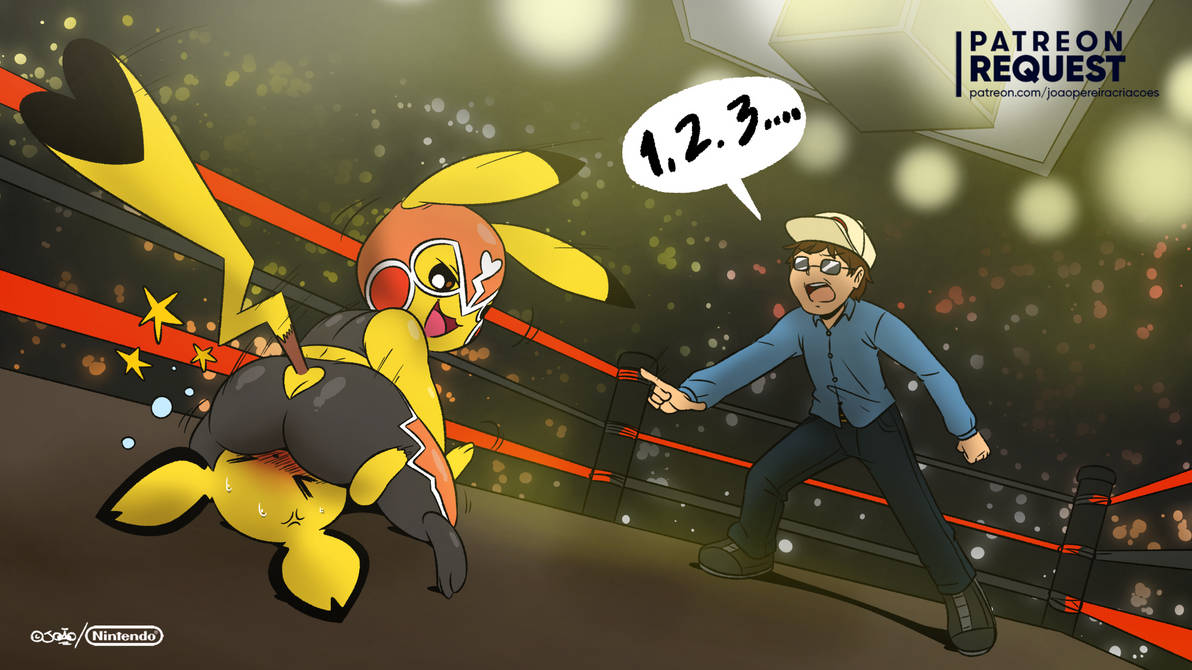 1girls 2boys ass ass_cleavage butt_cleavage butt_crack cosplay_pikachu domination facesitting furry game_freak humiliation joaoppereiraus kanna_(joaoppereiraus) leroy_(joaoppereiraus) pichu pikachu pikachu_libre pokémon_(species) pokemon referee rodent wrestling