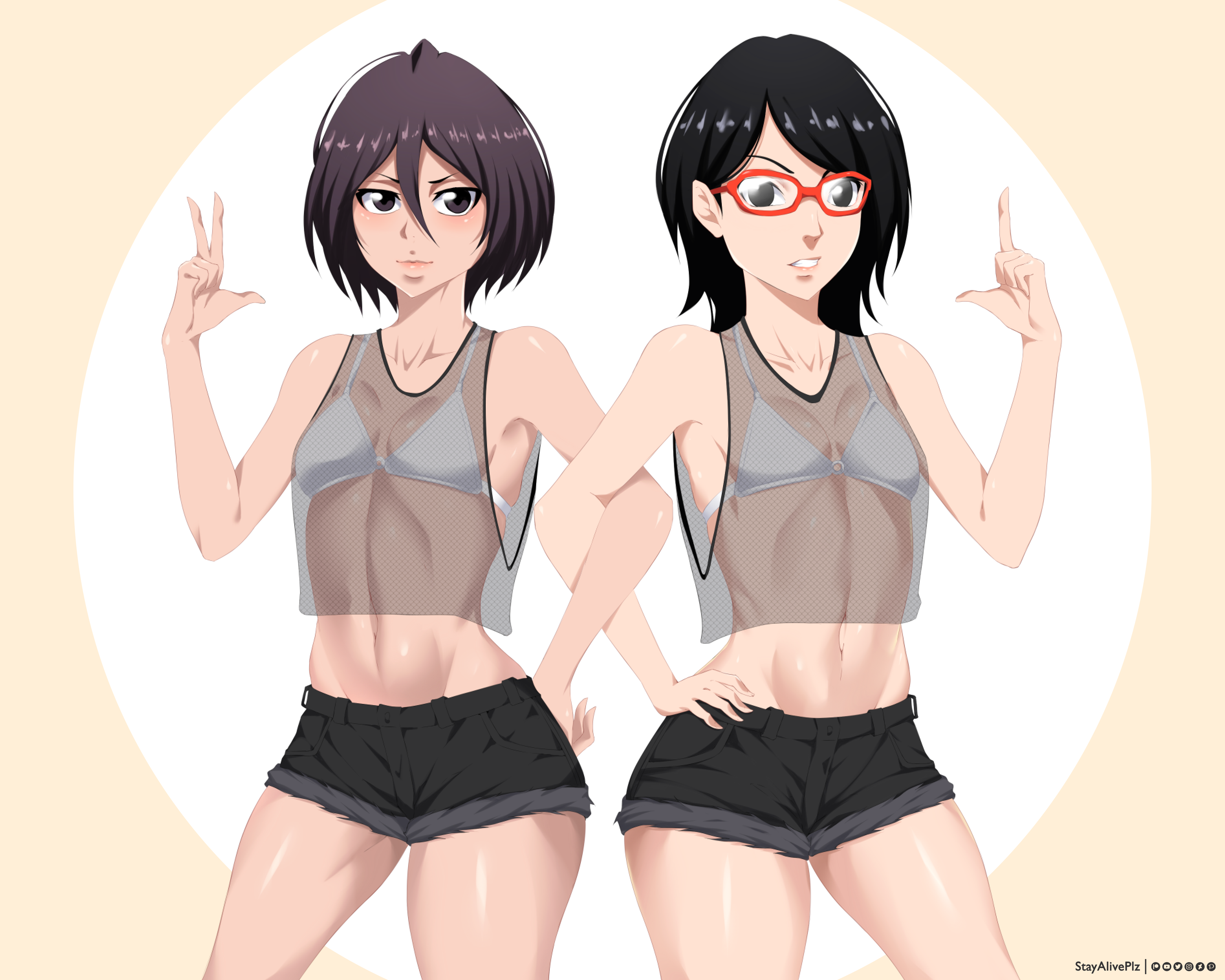 2girls, alternate costume, bikini, bikini top, black eyes, black hair, bleach, boruto: naruto next generations, breasts, cleavage, crossover, female, female only, fishnet, fishnet shirt, glasses, hand on hip, kuchiki rukia, long hair, looking at viewer, naruto, naruto (series), posing, sarada uchiha, short shorts, small breasts, stayaliveplz