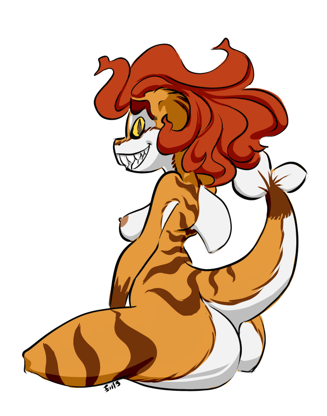 anthro ass big_butt breasts ein_(artist) female fin fish fish_tail hair leaning marine nipples nude red_hair scalie shark sideboob simple_background sitting slit_pupils smile solo teeth thick_thighs tiger_shark white_background