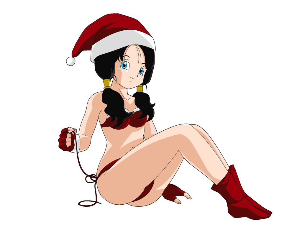 1girls bikini black_hair blue_eyes christmas dragon_ball dragon_ball_z female female_only holidays human milf msjoelart panties pigtails santa_hat solo teasing tied_hair twintails videl