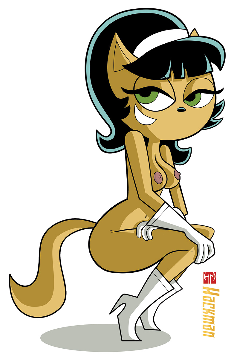 2015, accurate art style, areola, areolae, artist name, belly button, black hair, boots, breasts, cat, eyelashes, feline, female, female only, gloves, green eyes, hackman, hair, hairband, innie belly button, kitty katswell, long hair, naked, naked footwear, navel, nipples, nude, perky breasts, smile, smiling, squatting, t.u.f.f. puppy, tagme, tail, teeth, teeth visible, white background, white boots
