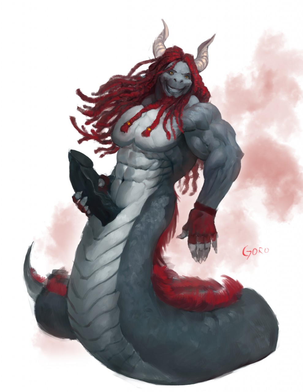 beard braided_hair dreadlocks erection facial_hair goroguro grin hair holding_penis horn maestroknux male_only muscular naga penis reptile scalie smile snake solo