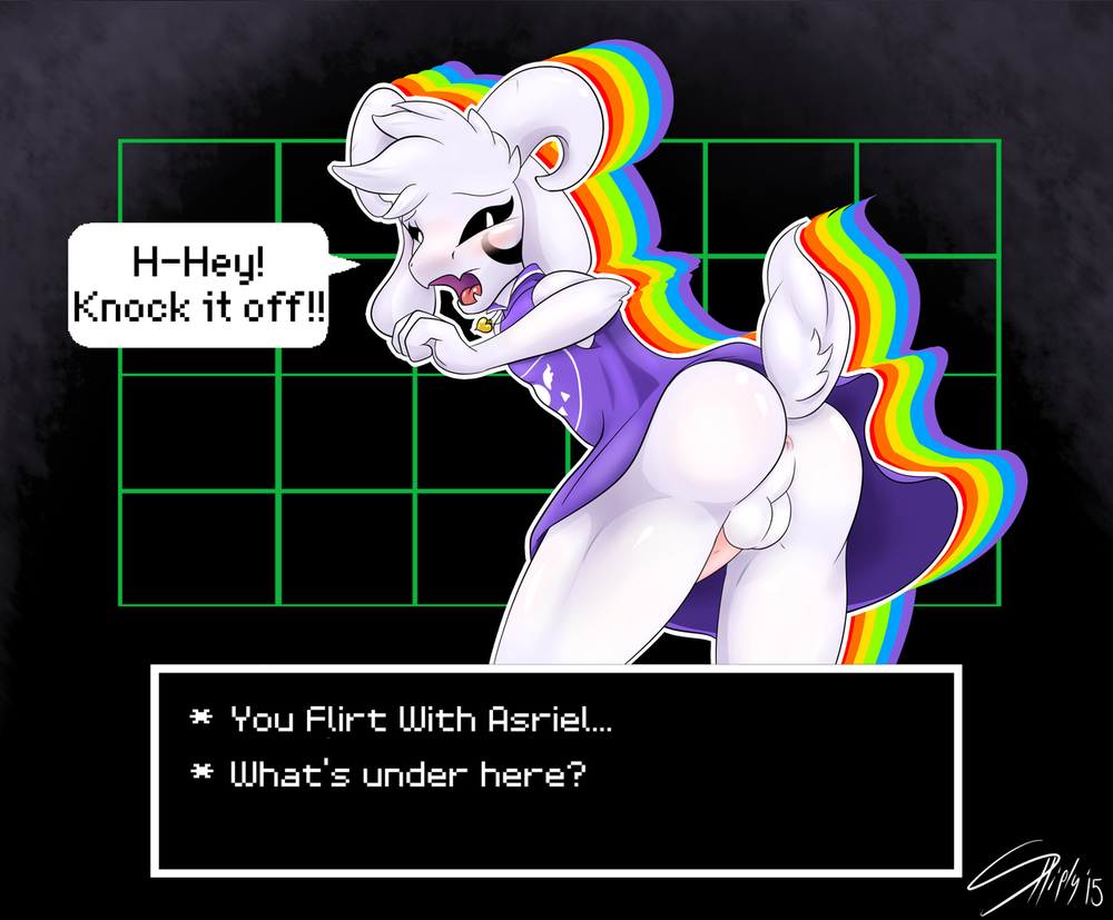 1boy, 2015, 2d, anthro, anthro male, anthro only, anus, asriel dreemurr, asriel dreemurr (god form), ass, balls, blush, caprine, clothing, english text, fur, furry, furry male, furry only, gameplay mechanics, girly, goat, humanoid, humanoid male, humanoid only, male, male only, mammal, mammal humanoid, monster, open mouth, penis, robe, skirt, solo, stick-shiply, text, text box, undertale, undertale (series), upskirt, video games, white fur
