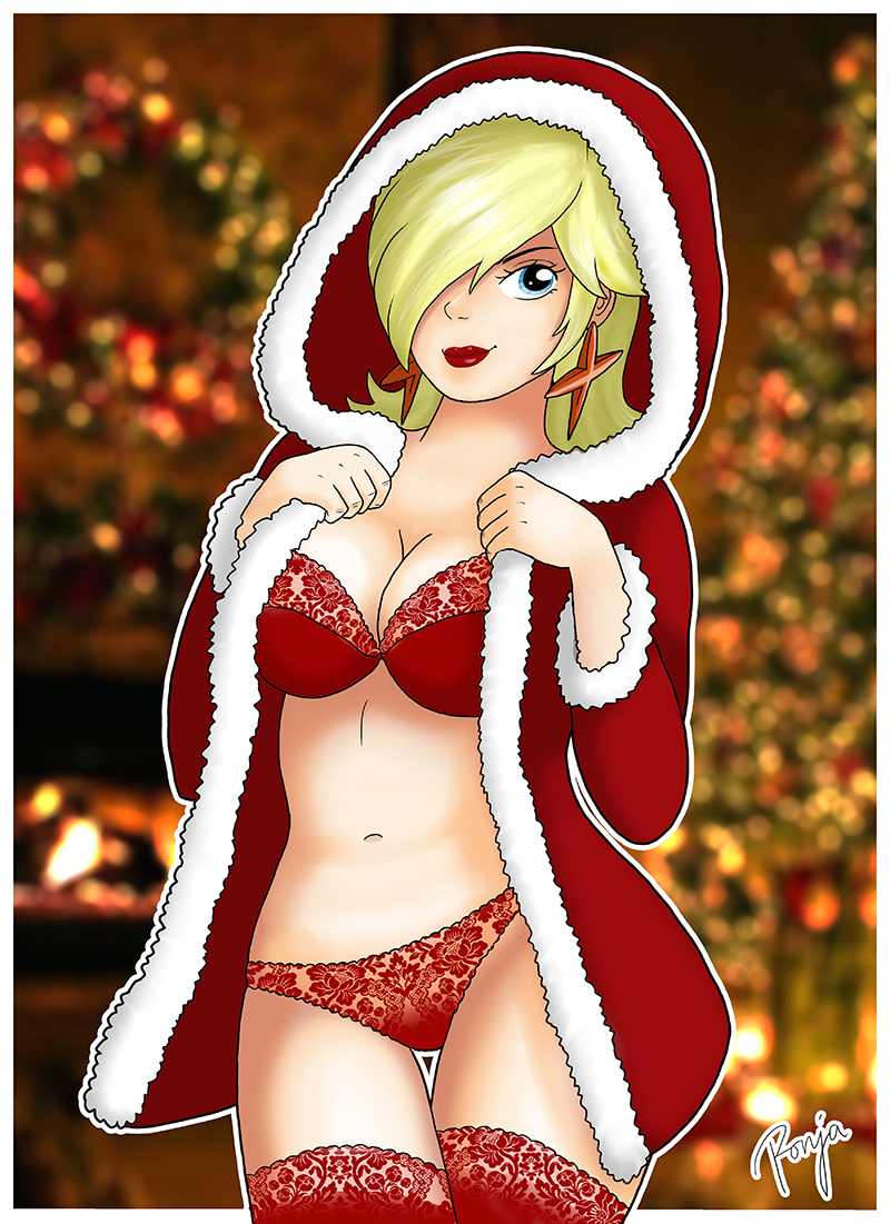 1girls blonde_hair blue_eyes blurry blurry_background bra breasts christmas christmas_lingerie cleavage earrings female female_only hair_over_one_eye human indoors inside jewelry large_breasts light-skinned_female light_skin lingerie lips lipstick long_hair looking_at_viewer mario_(series) nintendo panties princess_rosalina red_bra red_lingerie red_lipstick red_panties robe ronjaw smile solo standing thigh_gap thighhighs tree underwear