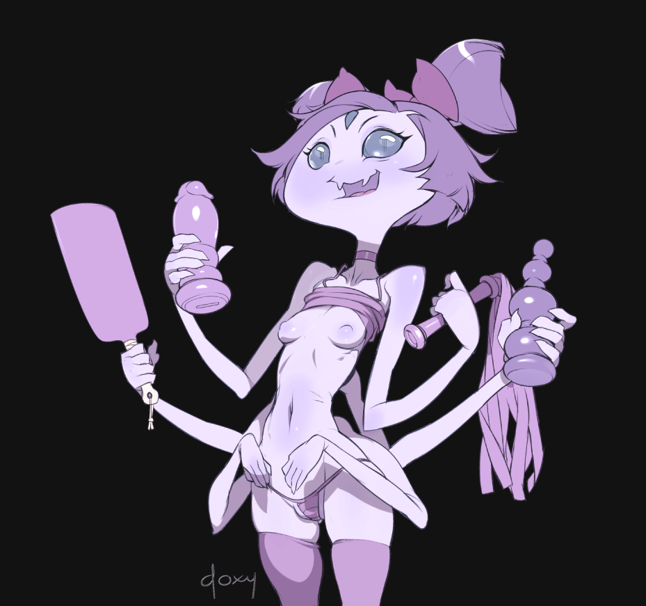 1girls, 2d, 6 arms, anthro, arachnid, breasts, dildo, doxy, female, female only, muffet, multi arm, multi eye, multi limb, nipples, purple hair, sex toys, solo, spider, spider girl, standing, thighhighs, thong, undertale, undertale (series), whip