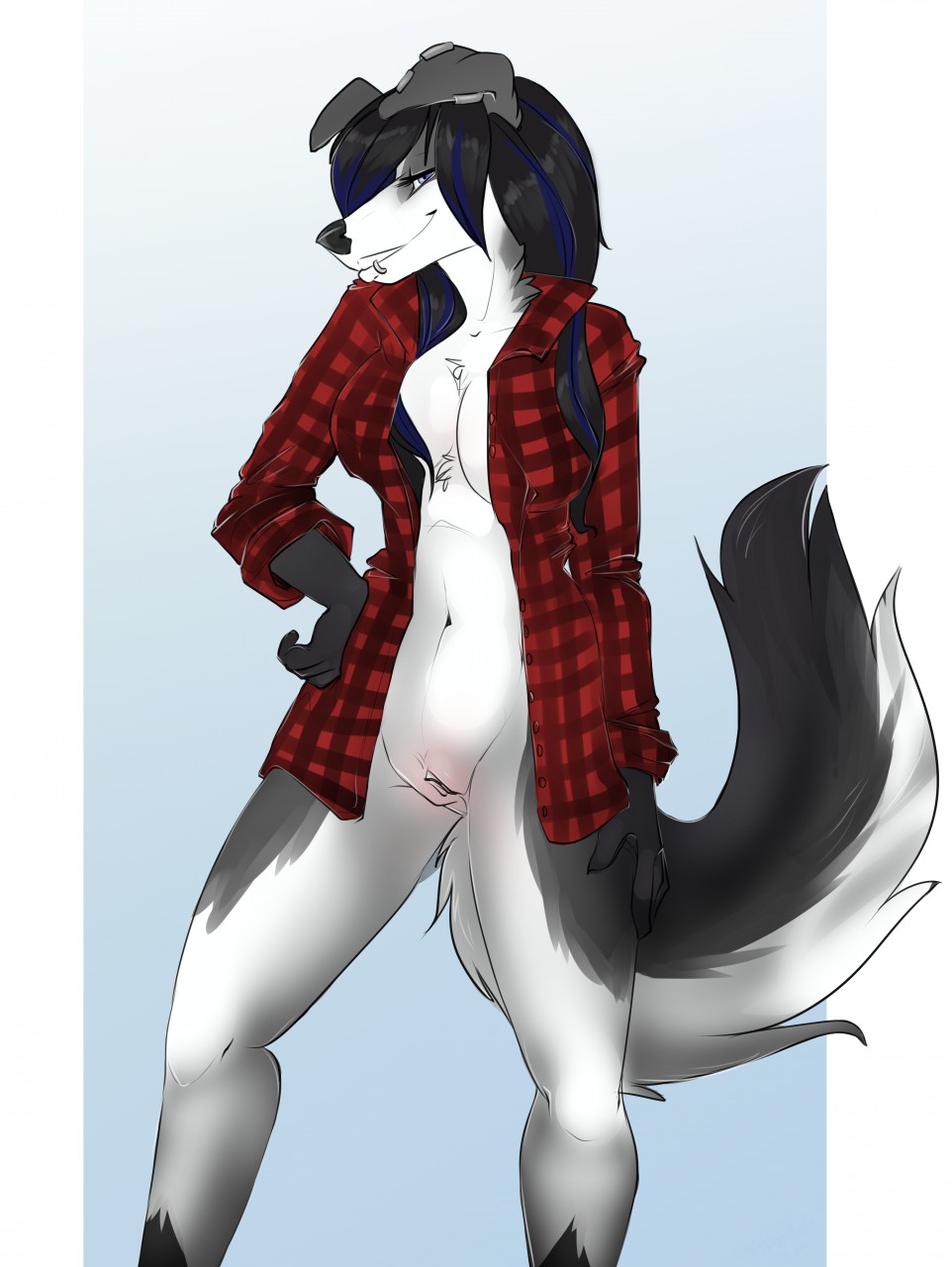 2015 black_hair bottomless breasts canine clitoris clothed clothing ear_piercing emo_fashion emo_hair facial_piercing female flannel fur hair half-dressed kittentits lip_piercing mammal piercing pussy solo white_fur
