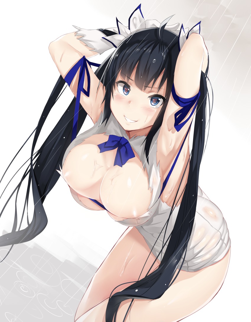 areola slip, areolae, armpits, arms behind head, arms up, bent over, black hair, blue eyes, blush, breasts, cleavage, dungeon ni deai wo motomeru no wa machigatteiru darou ka, dutch angle, female, gloves, hanging breasts, heart, heart-shaped pupils, hestia (danmachi), hews hack, huge breasts, large breasts, leaning forward, long hair, looking at viewer, parted lips, rain, raised eyebrow, rei no himo, smile, solo, symbol-shaped pupils, thighs, tied hair, twintails, very long hair, wet, wet clothes, white gloves