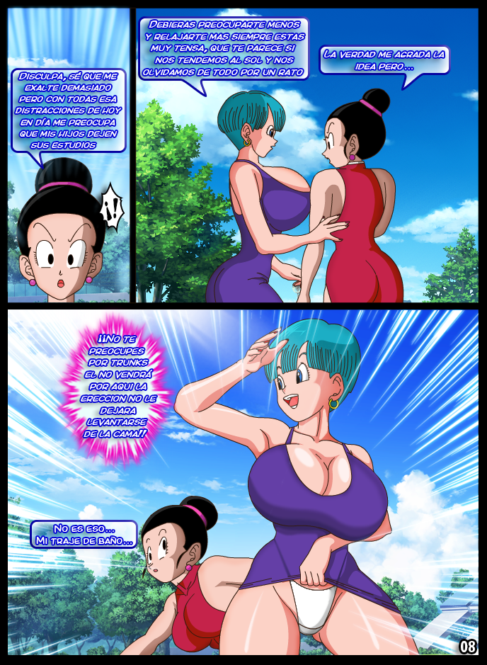 2girls breasts busty china_dress cleavage comic dissel dragon_ball dragon_ball_z dress dress_lift female milf multiple_girls panties text translation_request voluptuous