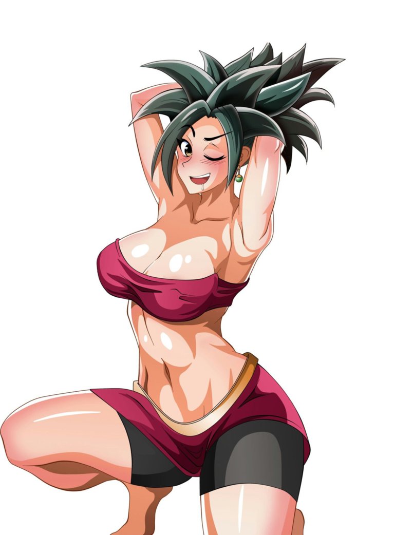 1girls, artist request, black eyes, black hair, breasts, cleavage, dragon ball, dragon ball super, earrings, female, female only, fully clothed, fusion, huge breasts, kefla, light skin, light-skinned female, ponytail, potara earrings, saiyan, short hair, solo, spiky hair