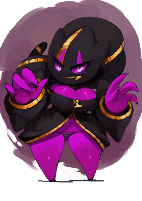 banette, bittenhard, breasts, cleavage, female, full length, full-length portrait, looking at viewer, mega banette, mega evolution, nintendo, penny (plantpenetrator), pokémon (species), pokemon, pokemon (species), portrait, purple skin, solo, standing