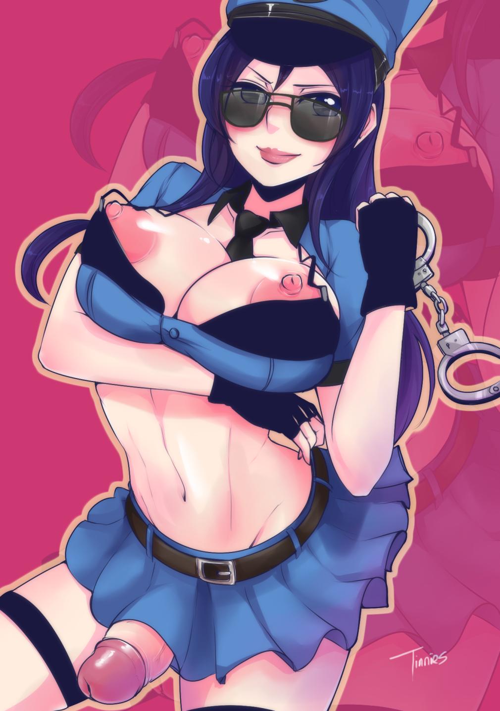 1futa breasts caitlyn_kiramman futa_only futanari gloves intersex large_breasts league_of_legends lightingsaber long_hair nipples officer_caitlyn penis policewoman skirt solo standing sunglasses tinnies tinted_eyewear uniform