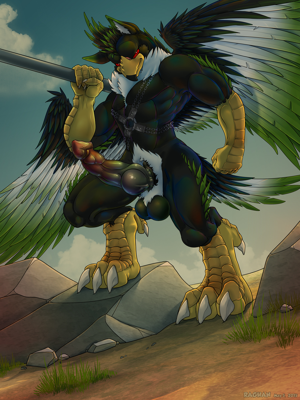 2015 abs avian balls beak chains claws cloud detailed_background harness hi_res knot kougatalbain male male_only muscular muscular_male outside penis raghan red_eyes red_sclera signature sky solo standing talons wings