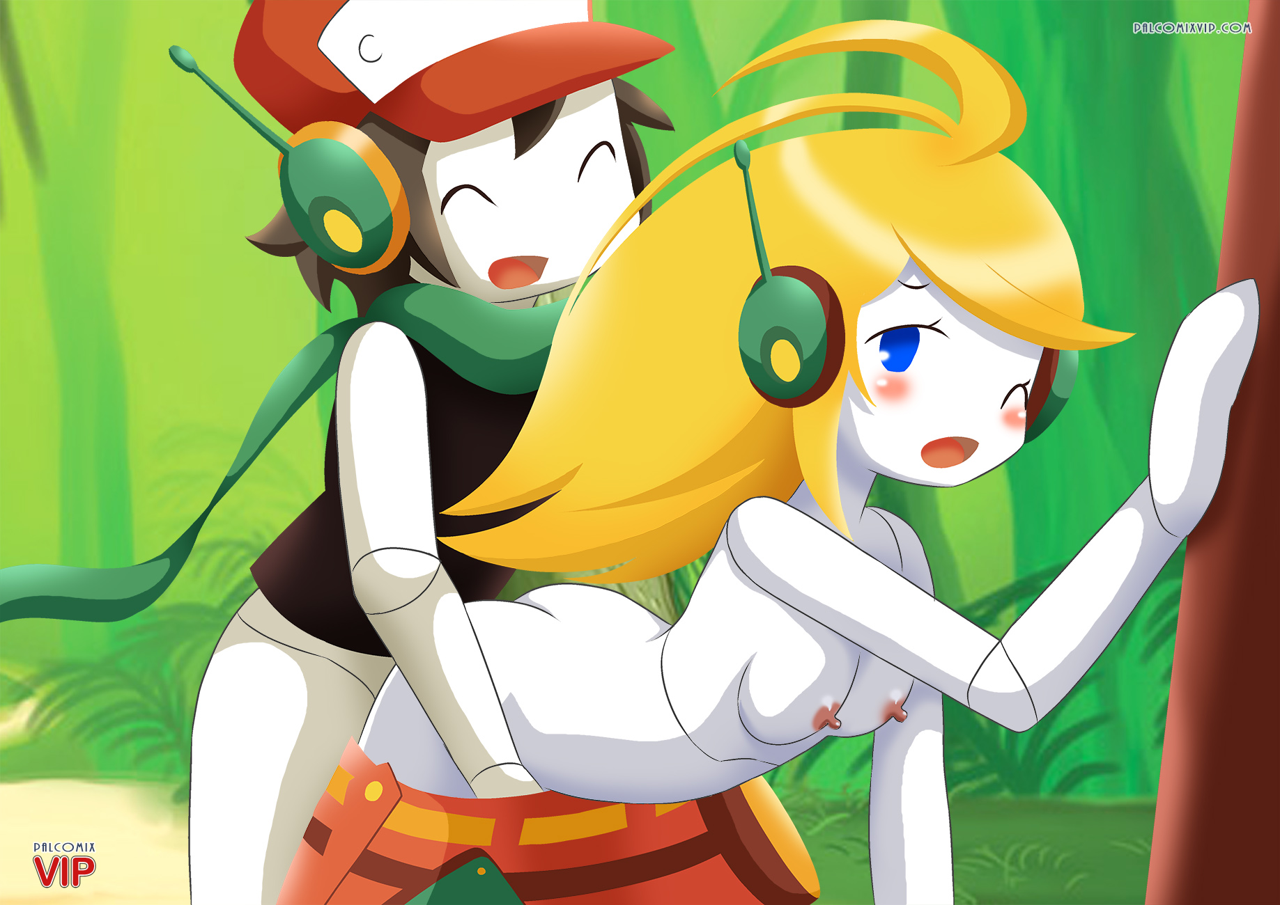 1boy, 1girls, anal, android, anthro, ass, bent over, blonde hair, blue eyes, blush, breasts, brown hair, cave story, closed eyes, clothed sex, clothing, curly brace, doggy style, erect nipples, female, fingering, from behind, gynoid, hand in pants, hat, headphones, humanoid, long hair, looking at viewer, machine, male, masturbation, nipples, open mouth, outdoors, outside, palcomixvip.com, quote (cave story), robot, scarf, sex, short hair, small breasts, tongue, topless, tree, white skin, wink